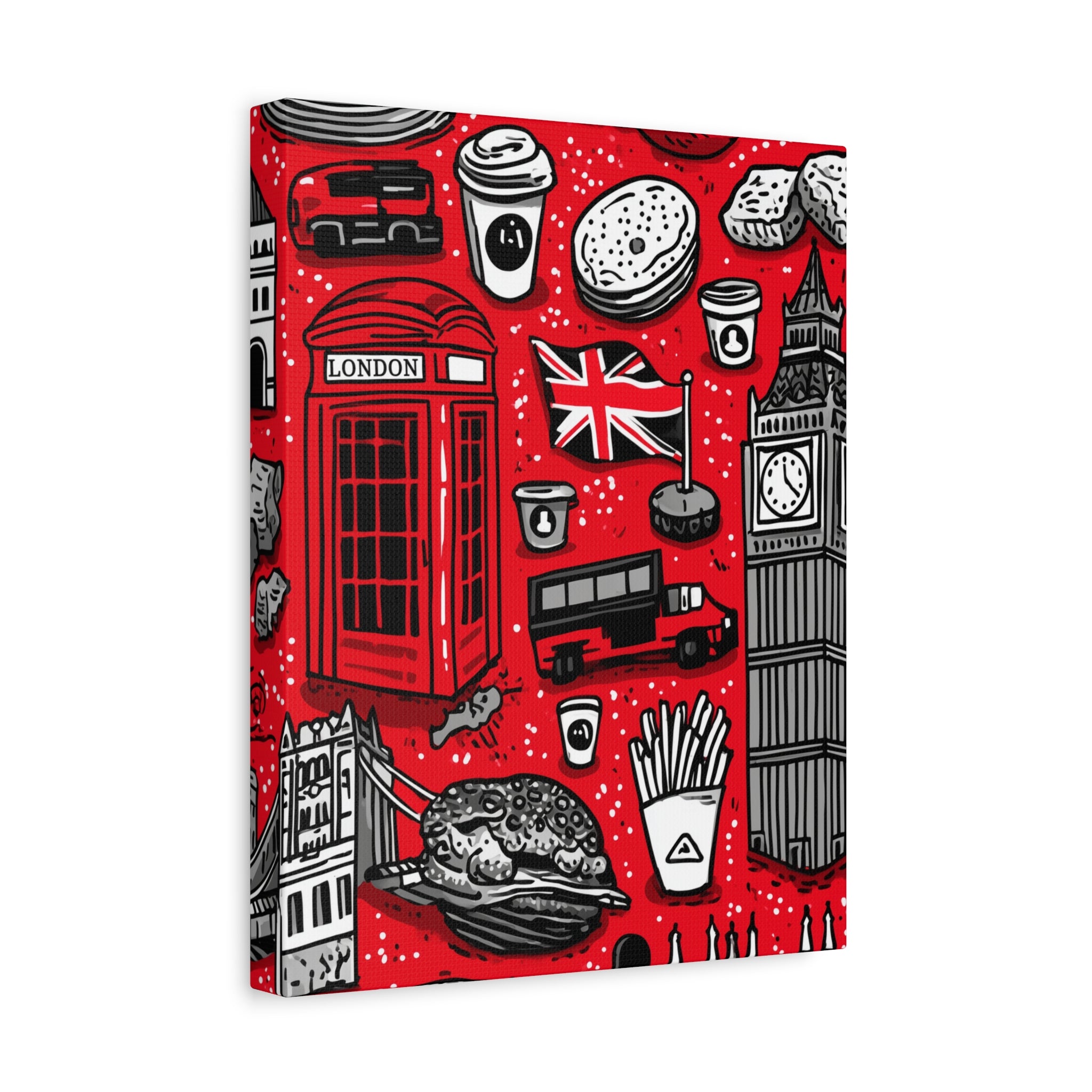 London-Themed Canvas Art, Wall Decor, Home Office Artwork, UK Travel Gift, British Culture Decor, Red and Black Design