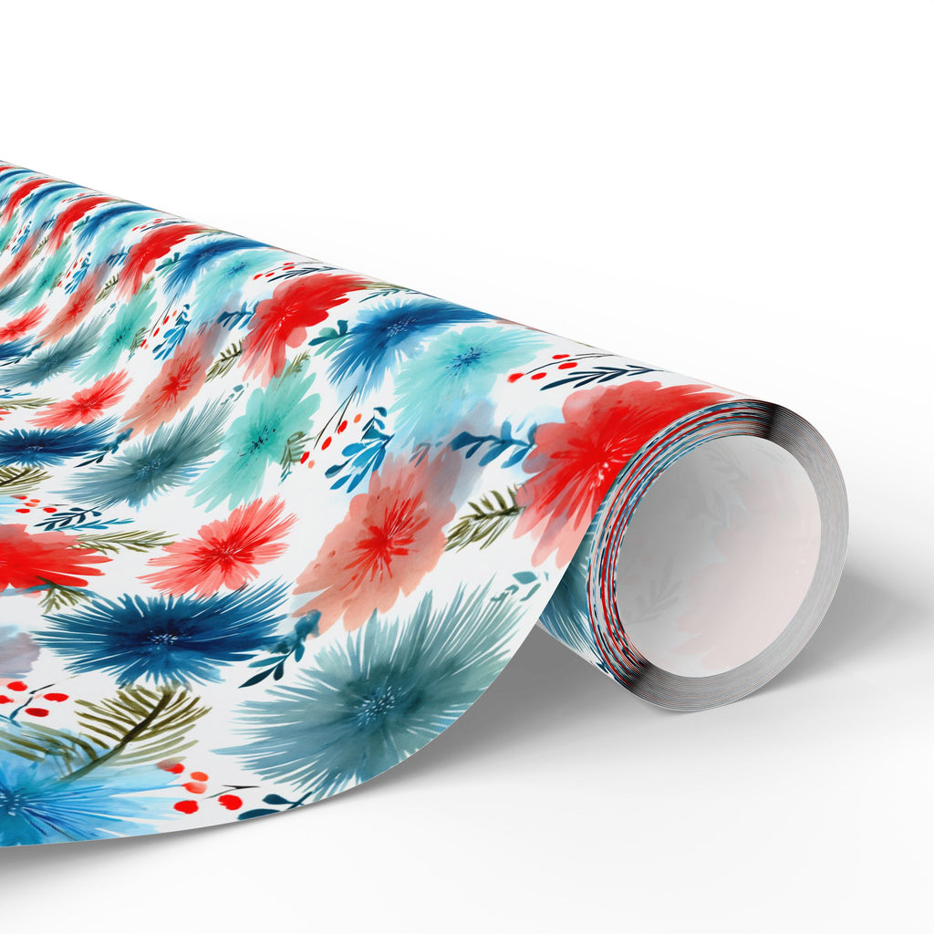 Wrapping Paper — Watercolor Floral Holiday Pattern (Red, Teal, Pine Sprigs)