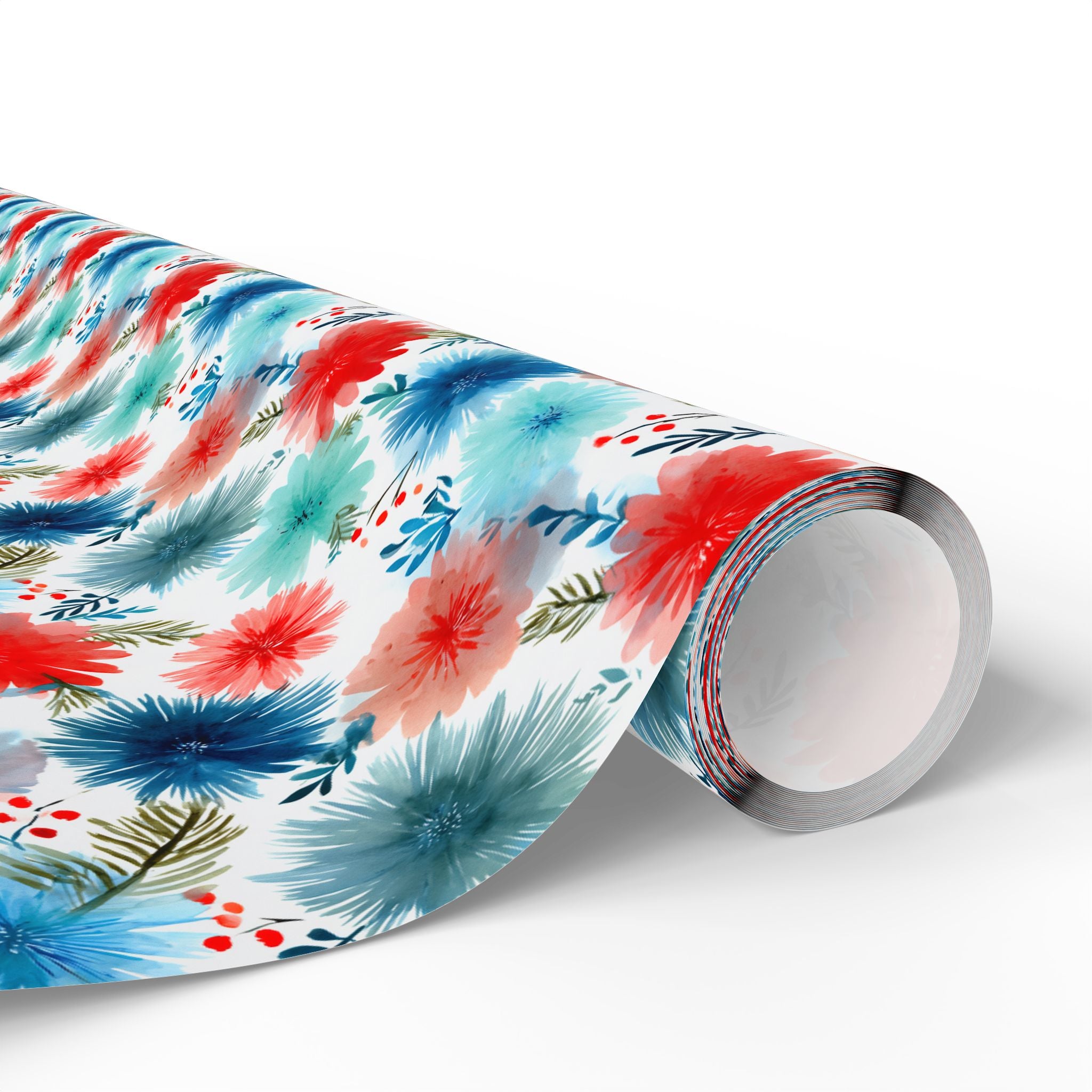 Wrapping Paper — Watercolor Floral Holiday Pattern (Red, Teal, Pine Sprigs)