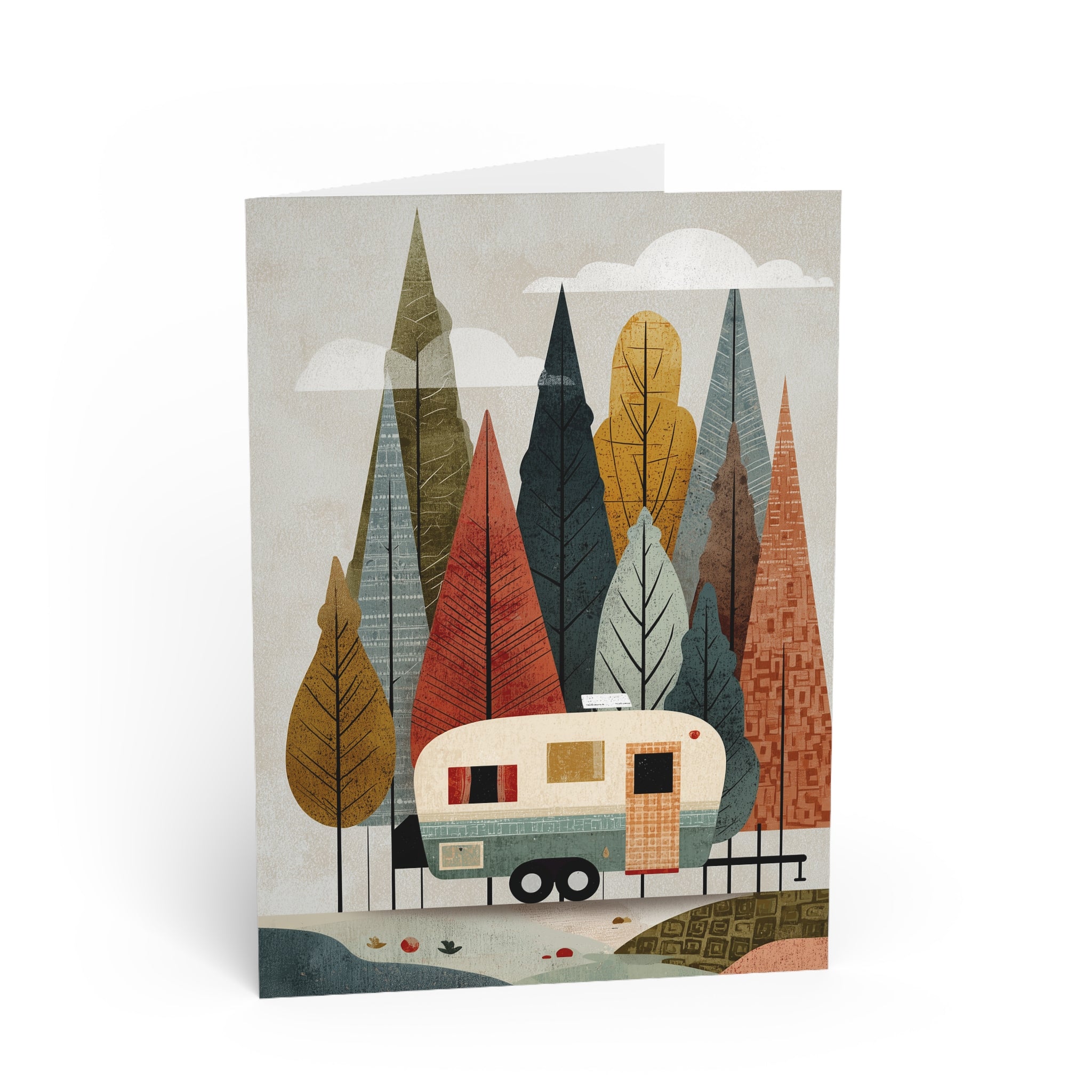 Camping Caravan Greeting Card — Retro Camper & Pine Trees Note Card