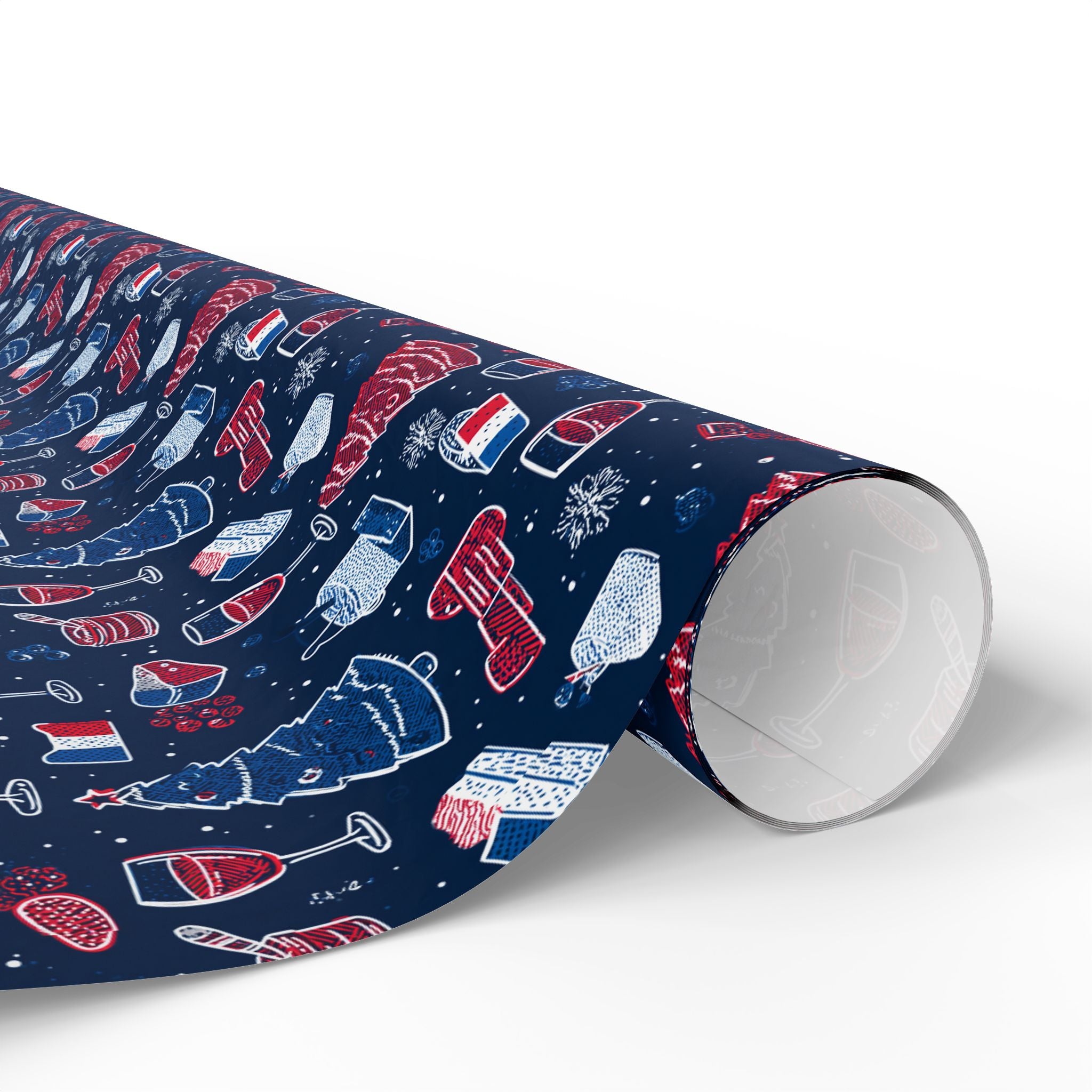 Wrapping Paper Roll French Themed— Festive Cozy Socks & Sweaters Pattern, Navy Holiday Gift Wrap