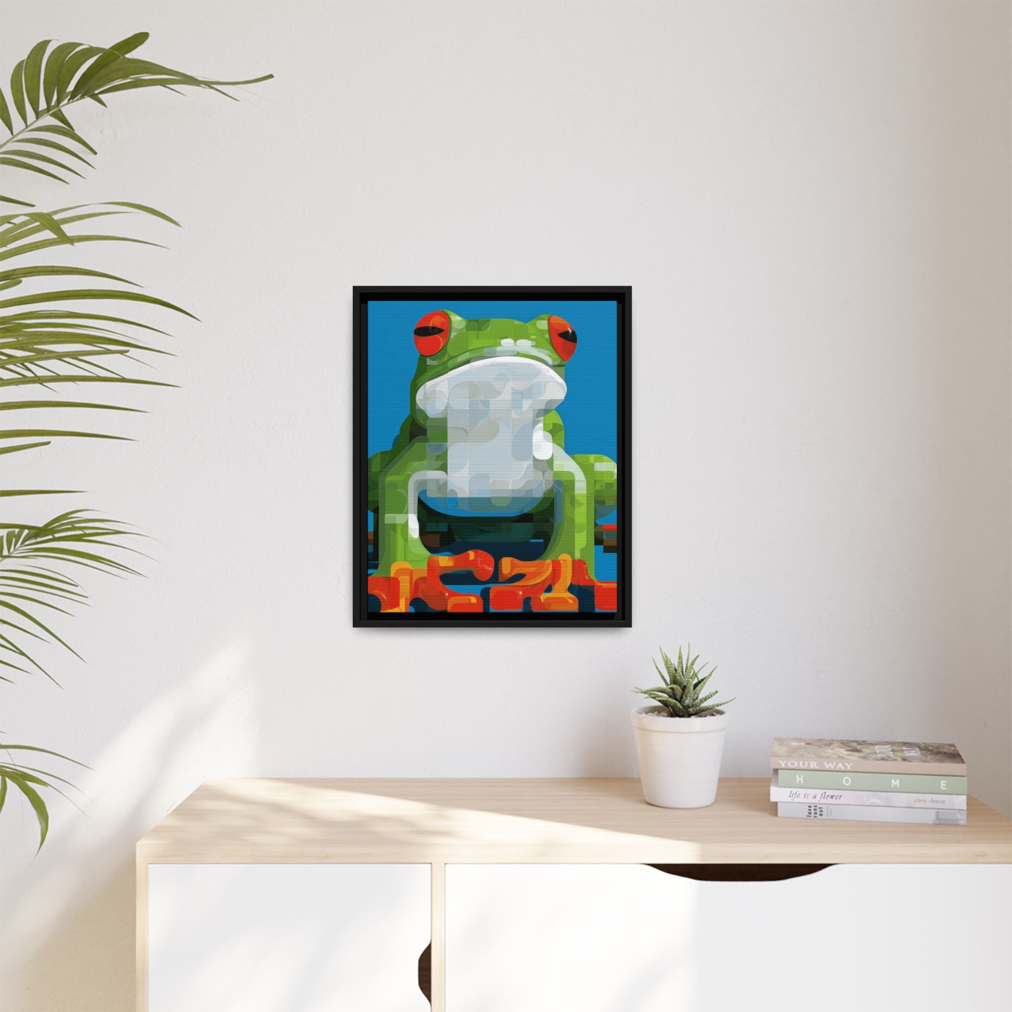 Pixel Frog Framed Print : Geometric Digital Art, Mosaic Amphibian Portrait   |  Personalized & Custom Orders Available