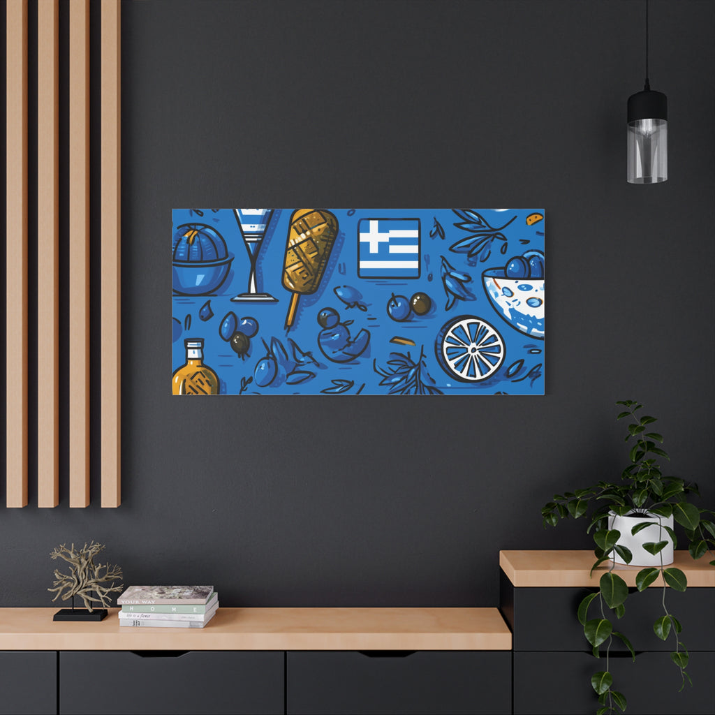 Vibrant Canvas Wall Art, Blue Mediterranean Theme, Kitchen Decor, Greek Party Decor, Olive and Drink Motif