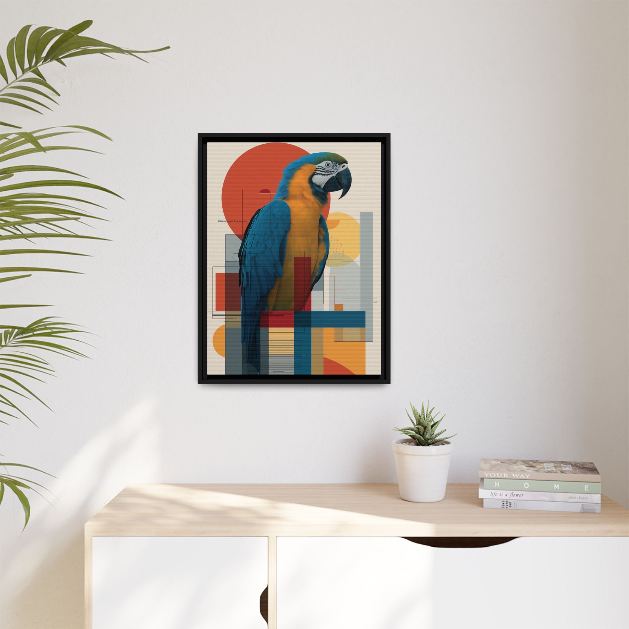 Vibrant Macaw Geometric Framed Print: Avian Realism, Modern Abstract Composition   |  Personalized & Custom Orders Available
