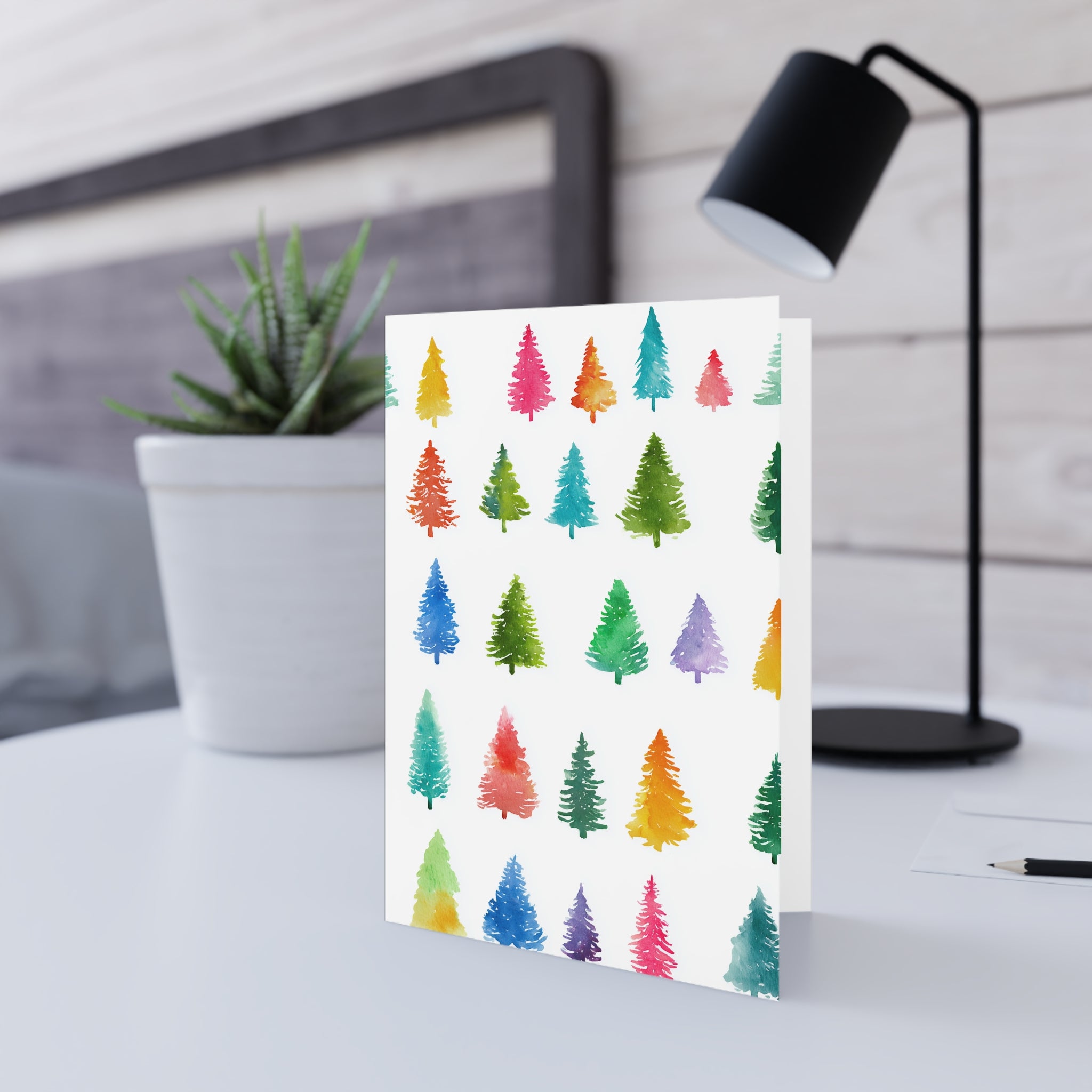 Watercolor Christmas Trees Greeting Card — Colorful Holiday Card