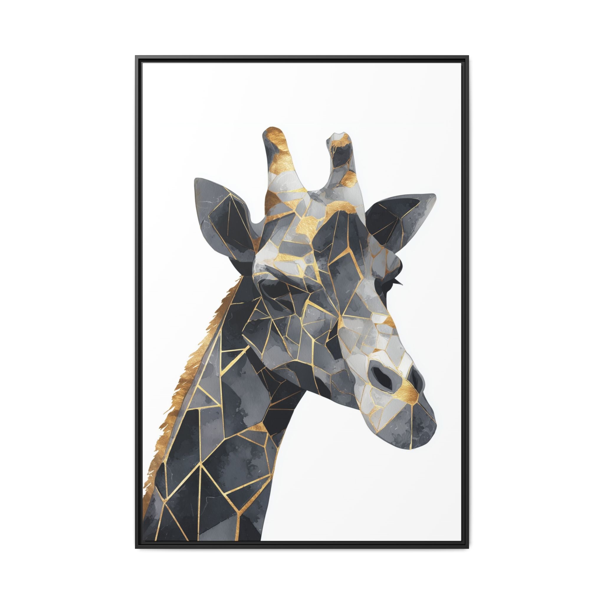 Geometric Giraffe Mosaic Framed Print : Contemporary Cubist Animal Portrait, Metallic Gold Angular Design   |   Custom Orders Available