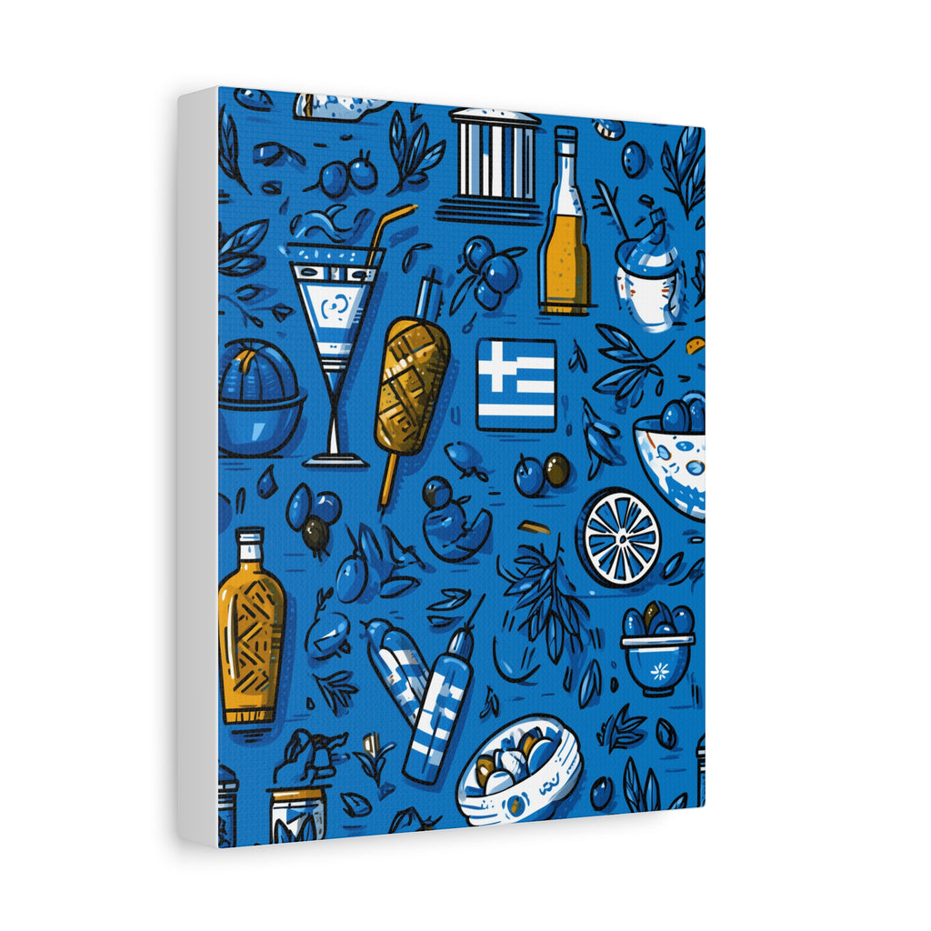 Vibrant Canvas Wall Art, Blue Mediterranean Theme, Kitchen Decor, Greek Party Decor, Olive and Drink Motif