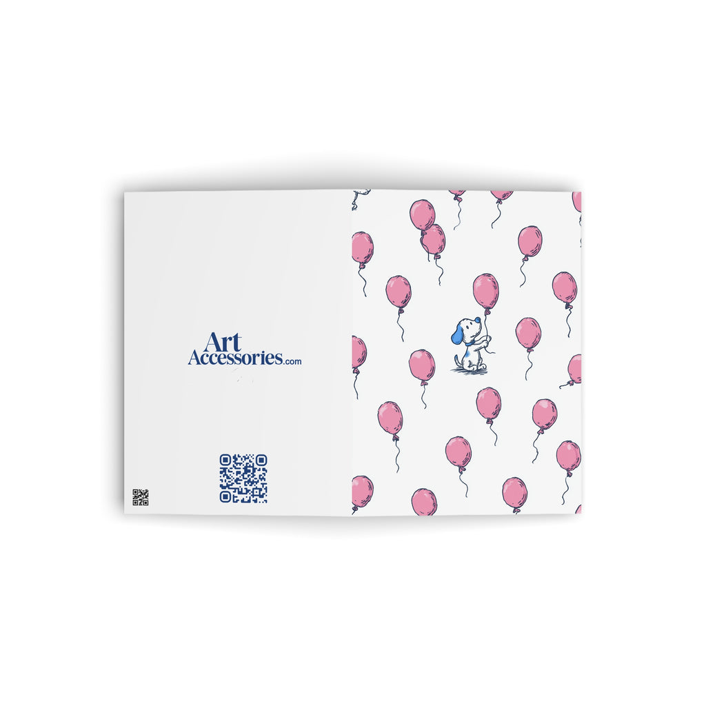 Greeting Card — Cute Puppy with Pink Balloons (Birthday, Baby Shower, New Baby)