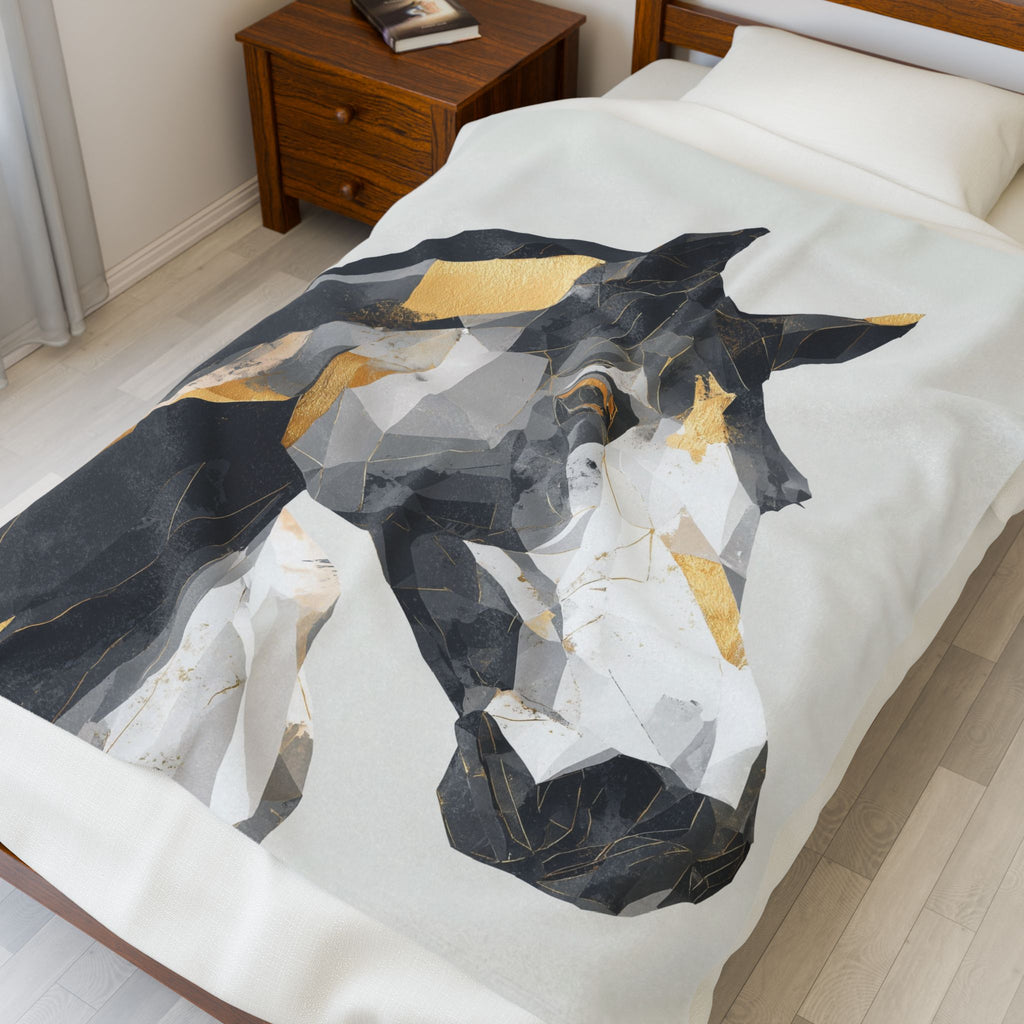 Fractured Equine: Geometric Horse Blanket, Digital Art Polygon Style, Metallic Gray Contemporary Composition   |  Personalized & Custom