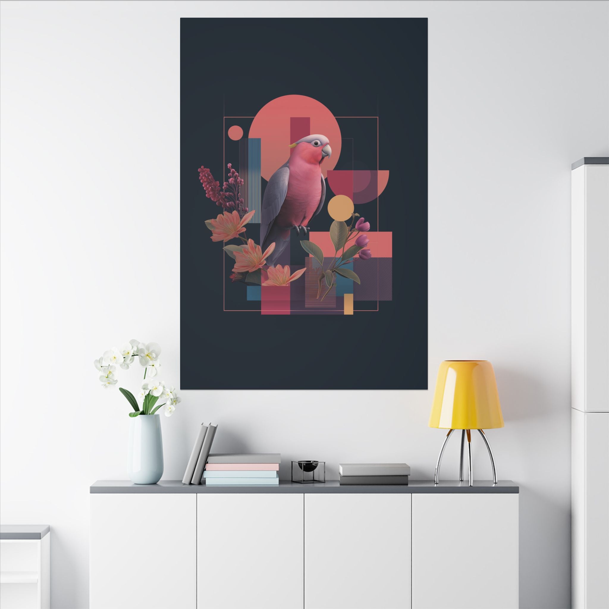 Geometric Parrot Symphony: Digital Neo-Retro Illustration, Abstract Avian Design   |    Custom Orders Available