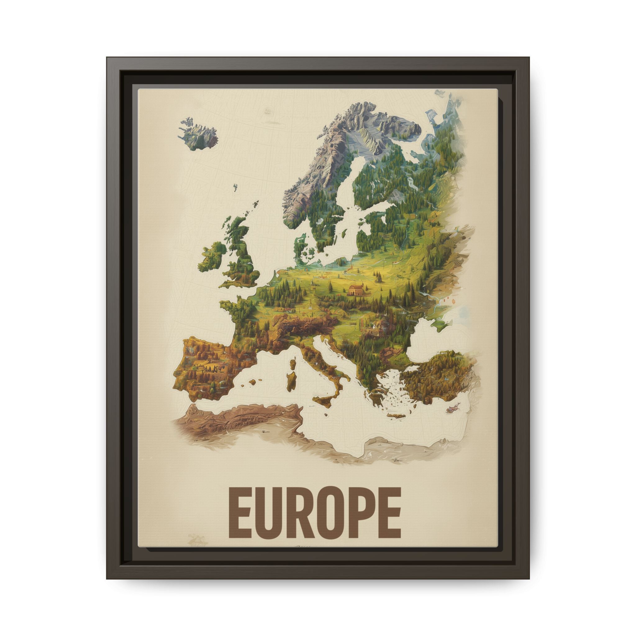 Framed Europe Map Canvas Print — Vintage Landscape Style Wall Art
