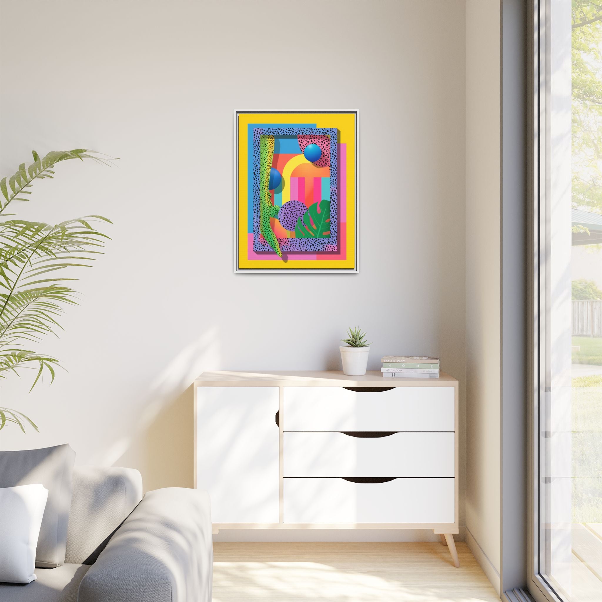 Geometric Rhythms: Abstract Layers of Color, Dimensional Shapes and Tropical Elements, Vibrant Modern Art Composition   |   Custom Orders
