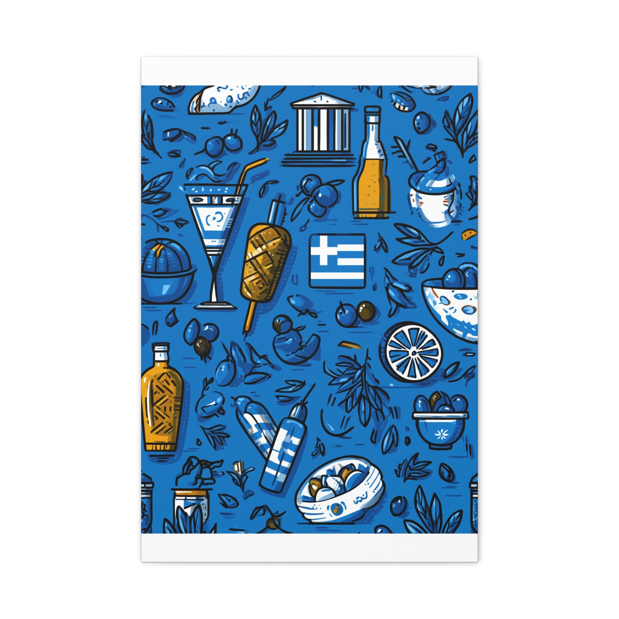 Vibrant Canvas Wall Art, Blue Mediterranean Theme, Kitchen Decor, Greek Party Decor, Olive and Drink Motif