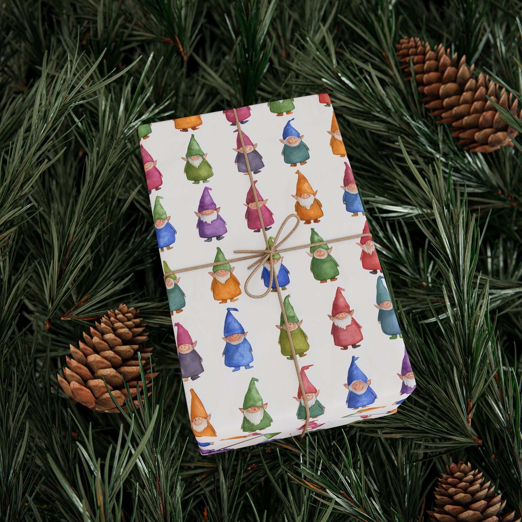 Gnome Pattern Wrapping Paper Roll – Colorful Scandinavian Gnomes Holiday Gift Wrap