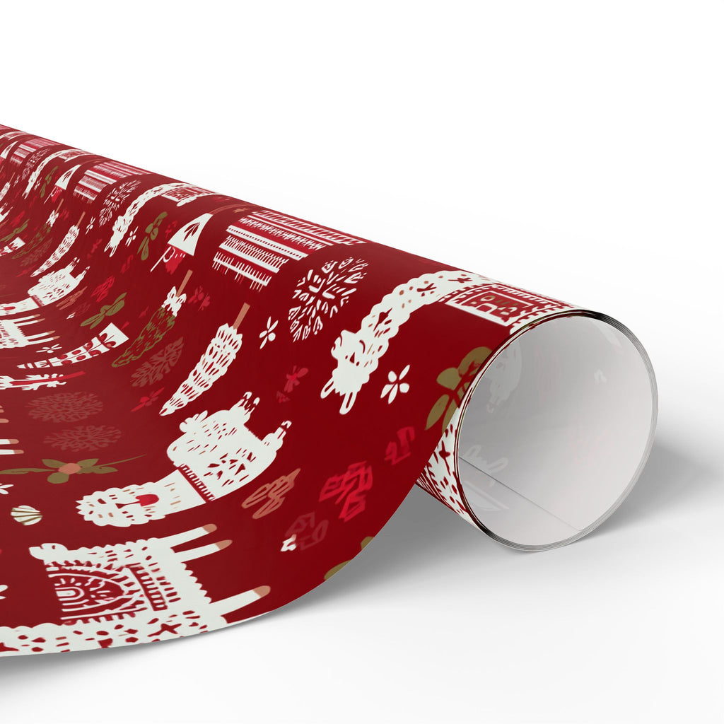 Christmas Wrapping Paper Roll — Red Nordic Reindeer & Tree Holiday Print