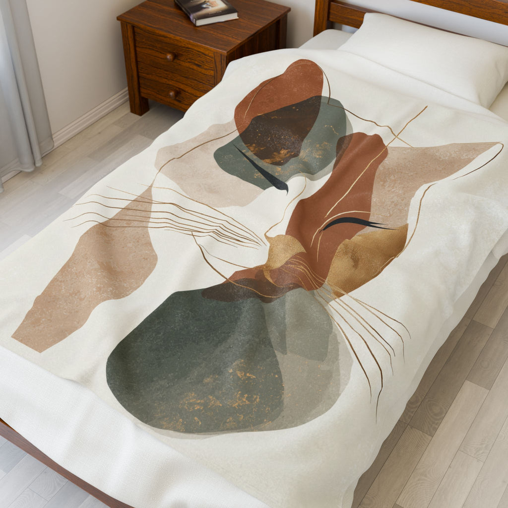 Abstract Earthen Toned Cat Velveteen Plush Blanket, Soft Fleece Throw, Cozy Bedding Set, Abstract Earthen Toned Cat Duvet Cover