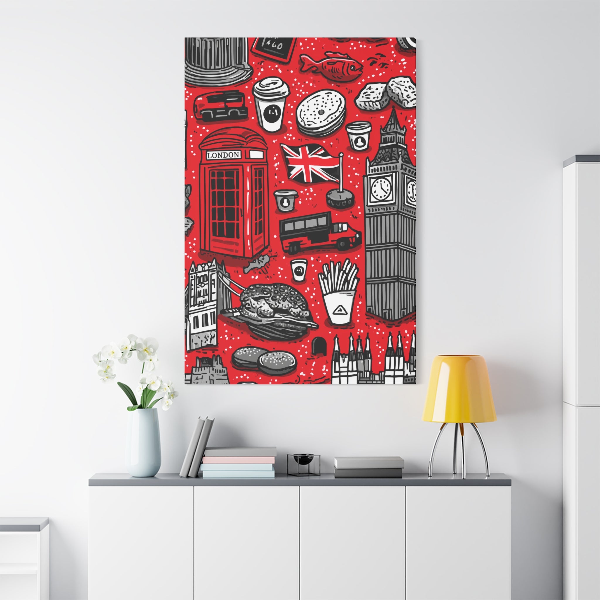 London-Themed Canvas Art, Wall Decor, Home Office Artwork, UK Travel Gift, British Culture Decor, Red and Black Design