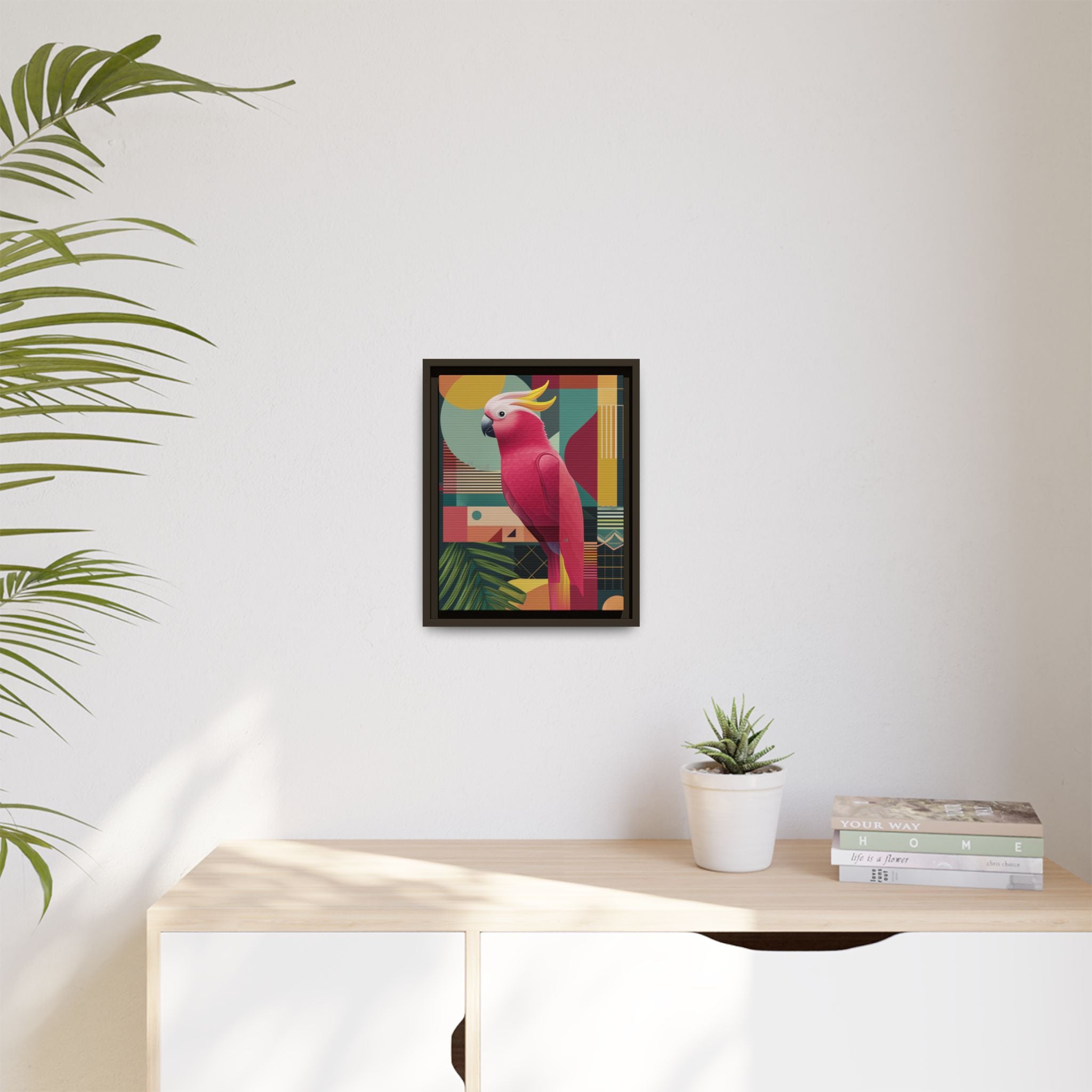 Geometric Cockatoo Framed Print: Mid-Century Modern Bird Art, Contemporary Graphic Print   |  Personalized & Custom Orders Available