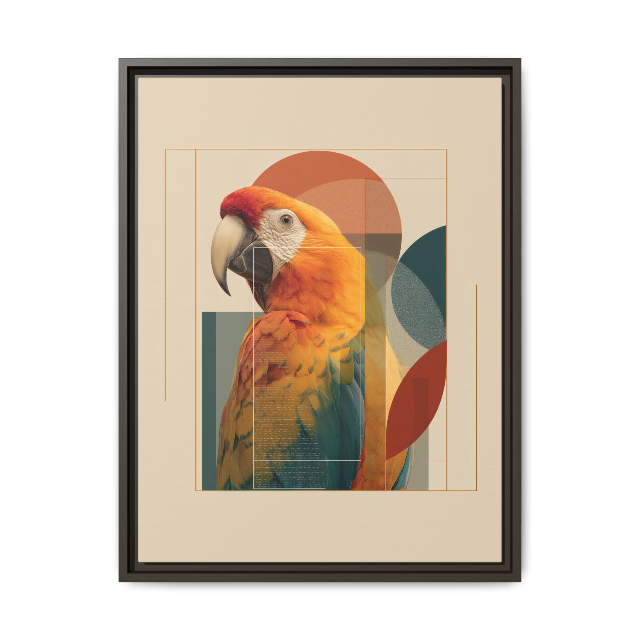 Scarlet Symphony: Macaw in Geometric Abstraction, Modern Graphic Design Artwork   |    Custom Orders Available