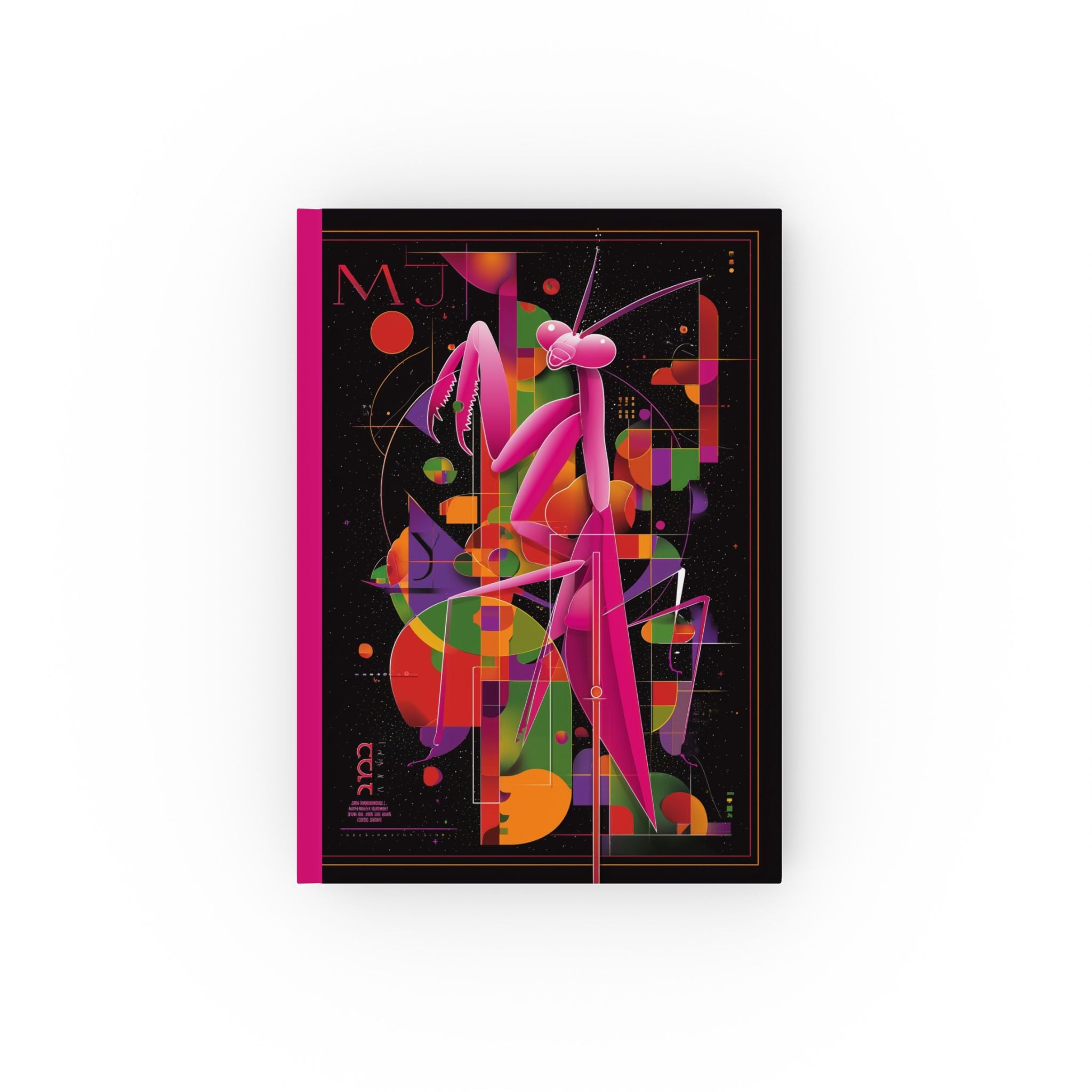 Pink Geometric Praying Mantis Journal, Personalized Notebook, Colorful Abstract Diary, Custom Sketchbook, Unique Hardcover Planner
