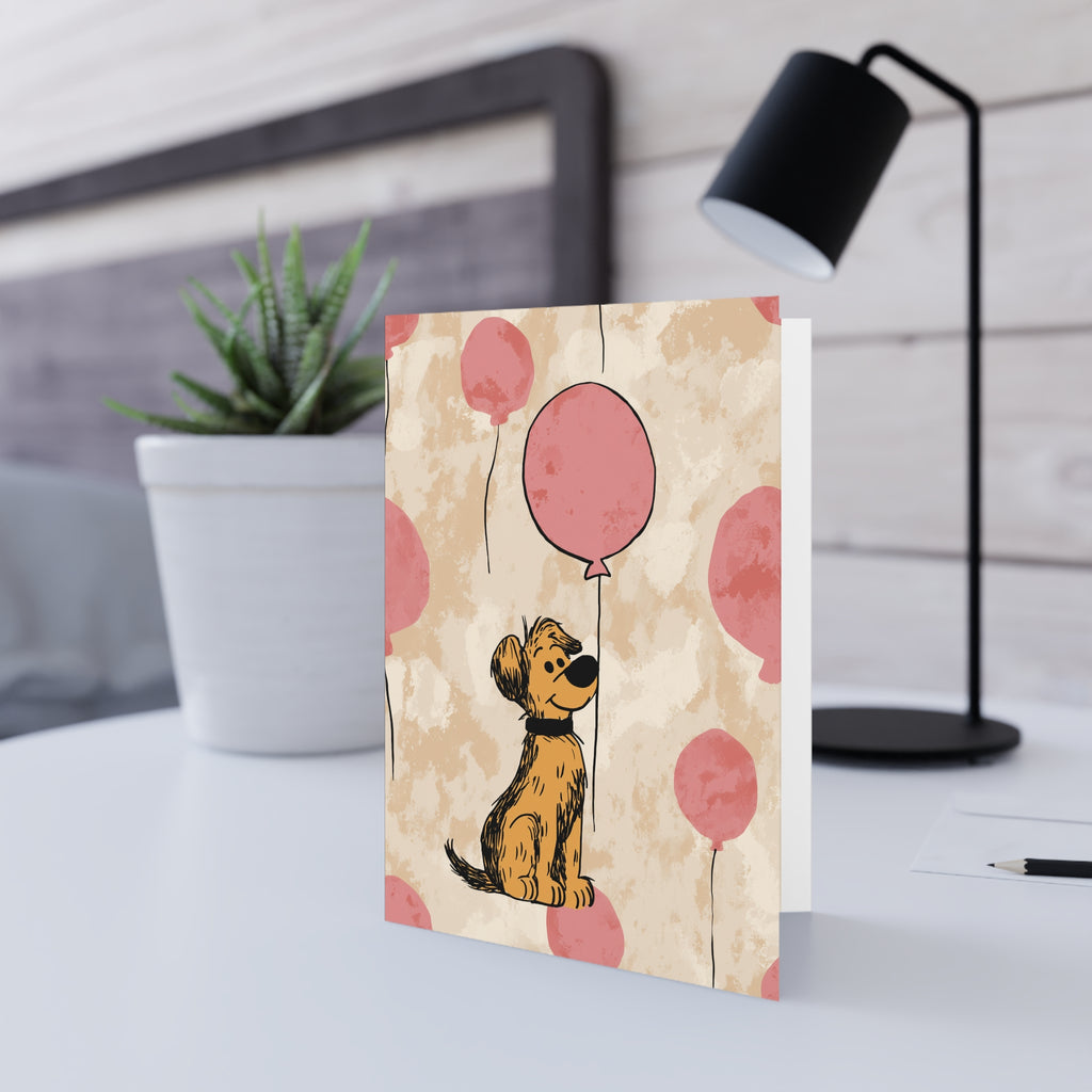 Cute Puppy with Pink Balloons Greeting Card — Birthday, New Puppy, Kids Card