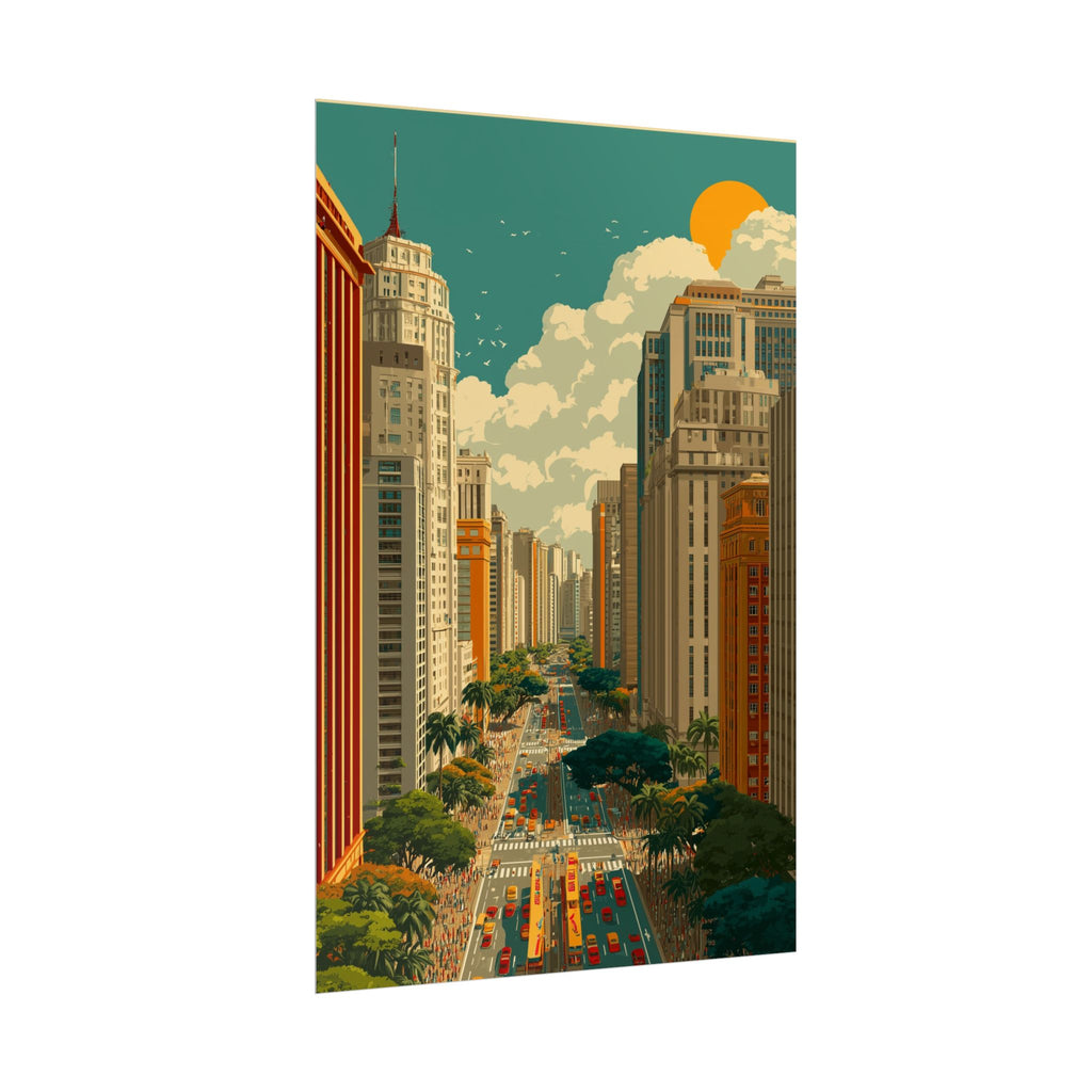 Urban Vibrancy: Retro Sao Paulo Skyline, Mid-Century Modern Cityscape   |    Custom Orders Available