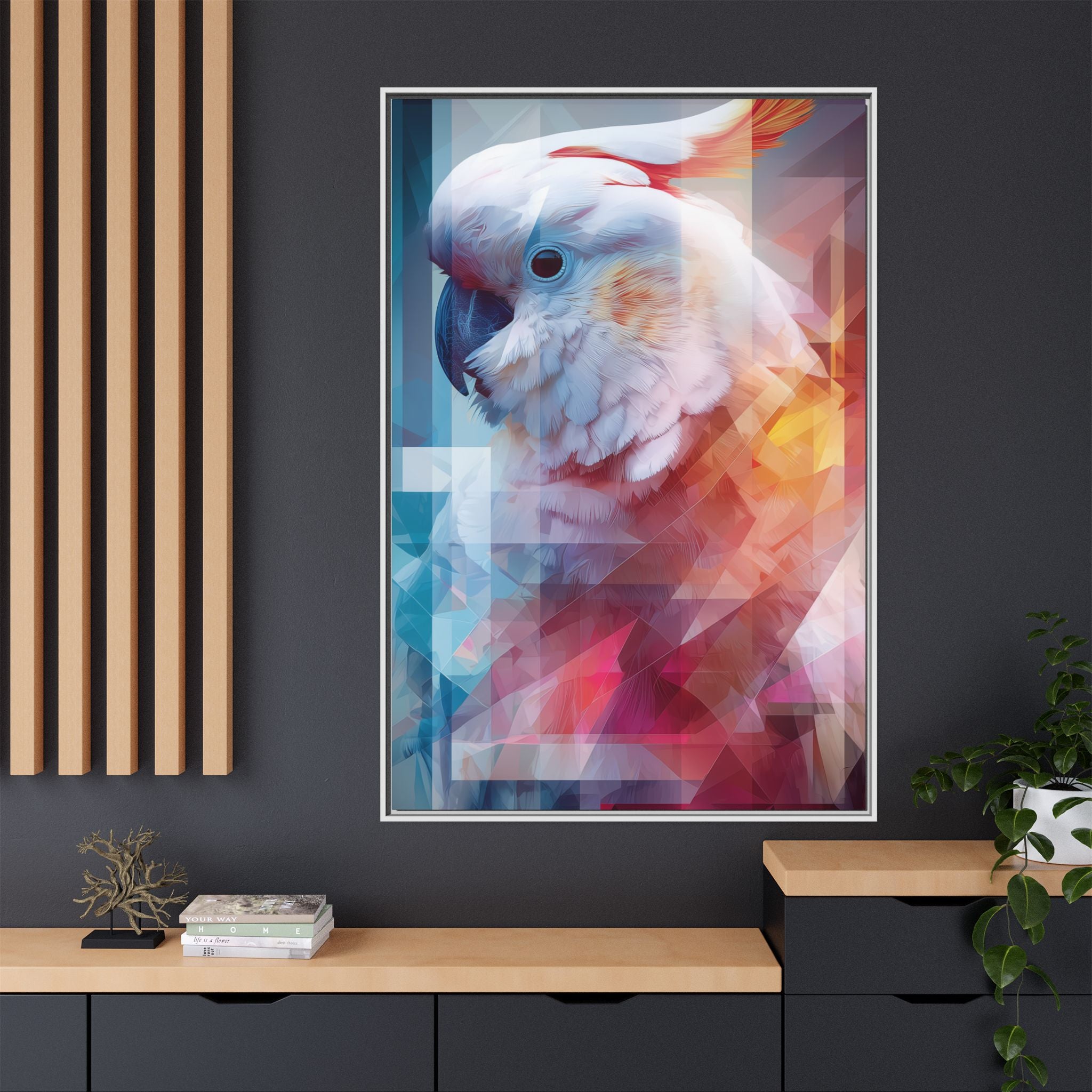 Fractured Cockatoo Framed Print: Geometric Wildlife Art, Low-Poly Digital Illustration   |  Personalized & Custom Orders Available
