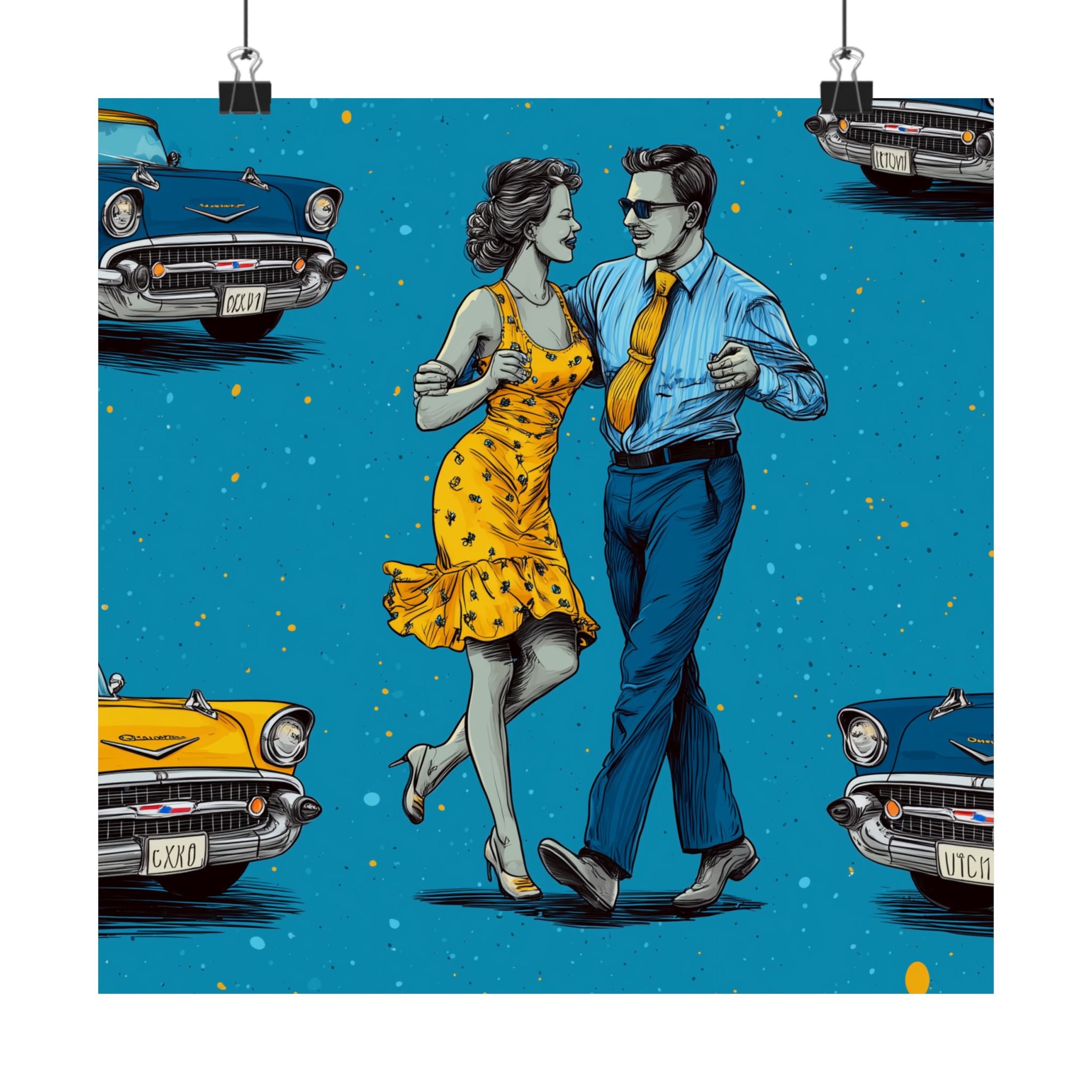 Retro Cuba Cuban Salsa Dance Poster, Vintage Wall Art, 1950s Decor, Blue Car Art, Nostalgic Home Decoration