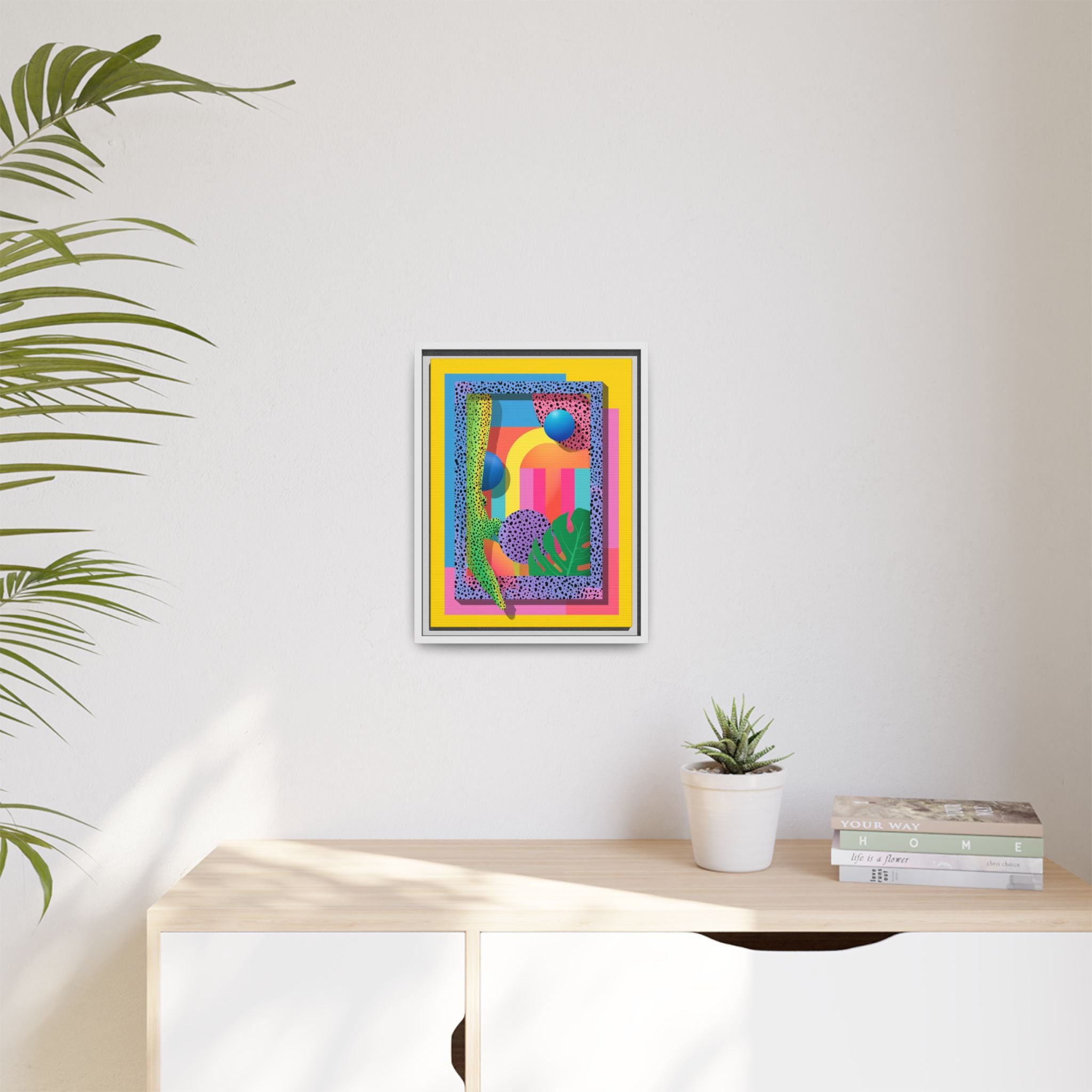 Geometric Rhythms: Abstract Layers of Color, Dimensional Shapes and Tropical Elements, Vibrant Modern Art Composition   |   Custom Orders