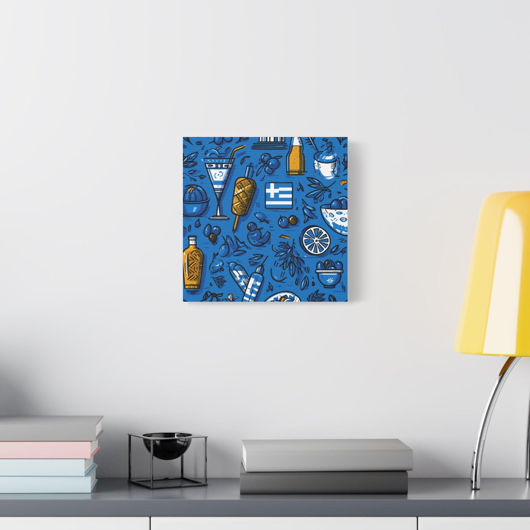 Vibrant Canvas Wall Art, Blue Mediterranean Theme, Kitchen Decor, Greek Party Decor, Olive and Drink Motif