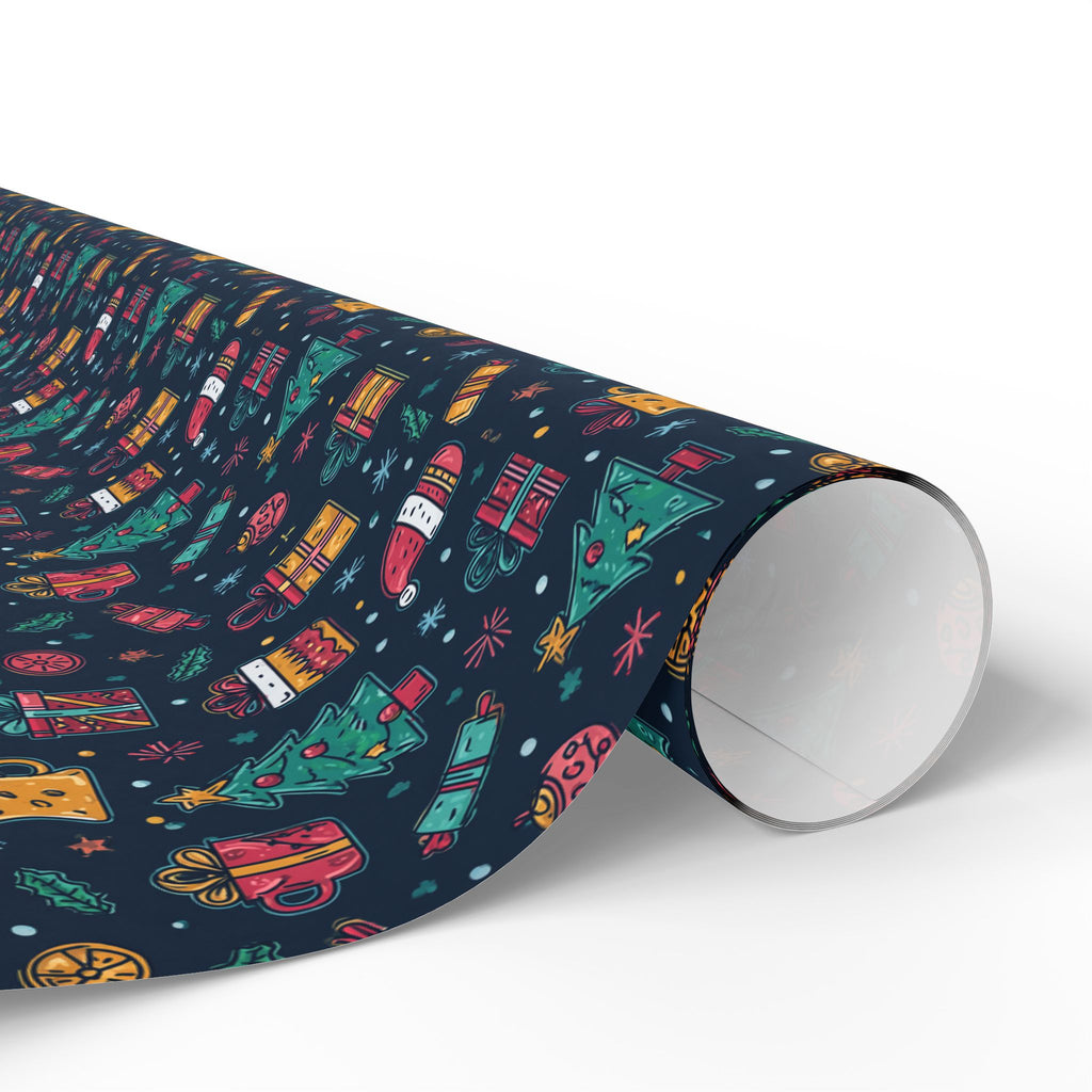 Holiday Gift Wrapping Paper Roll – Dark Christmas Icons Pattern (Trees, Presents, Stockings)