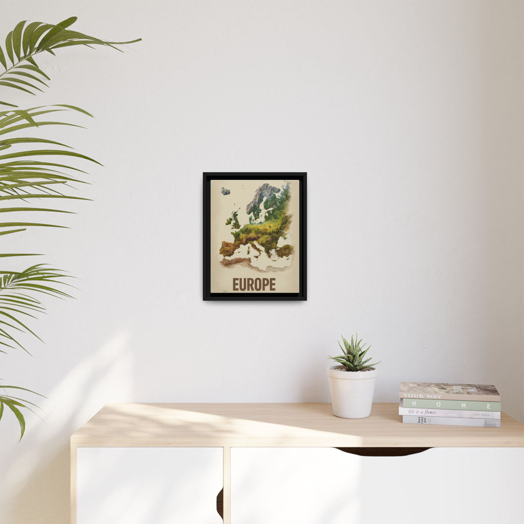 Framed Europe Map Canvas Print — Vintage Landscape Style Wall Art