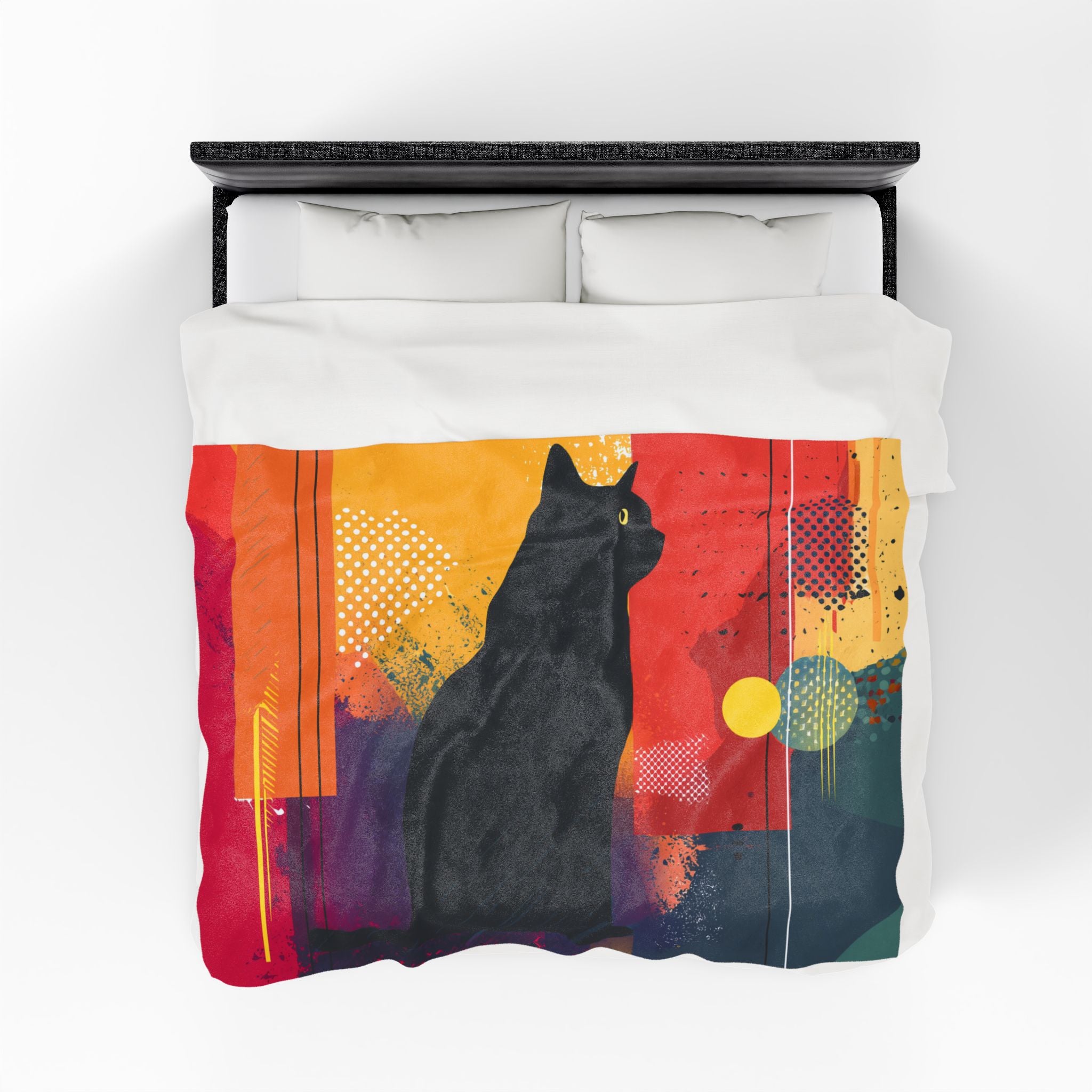 Feline Geometrica Blanket: Black Cat Silhouette, Abstract Color Blocks, Modern Graphic Design   |  Personalized & Custom Orders Available