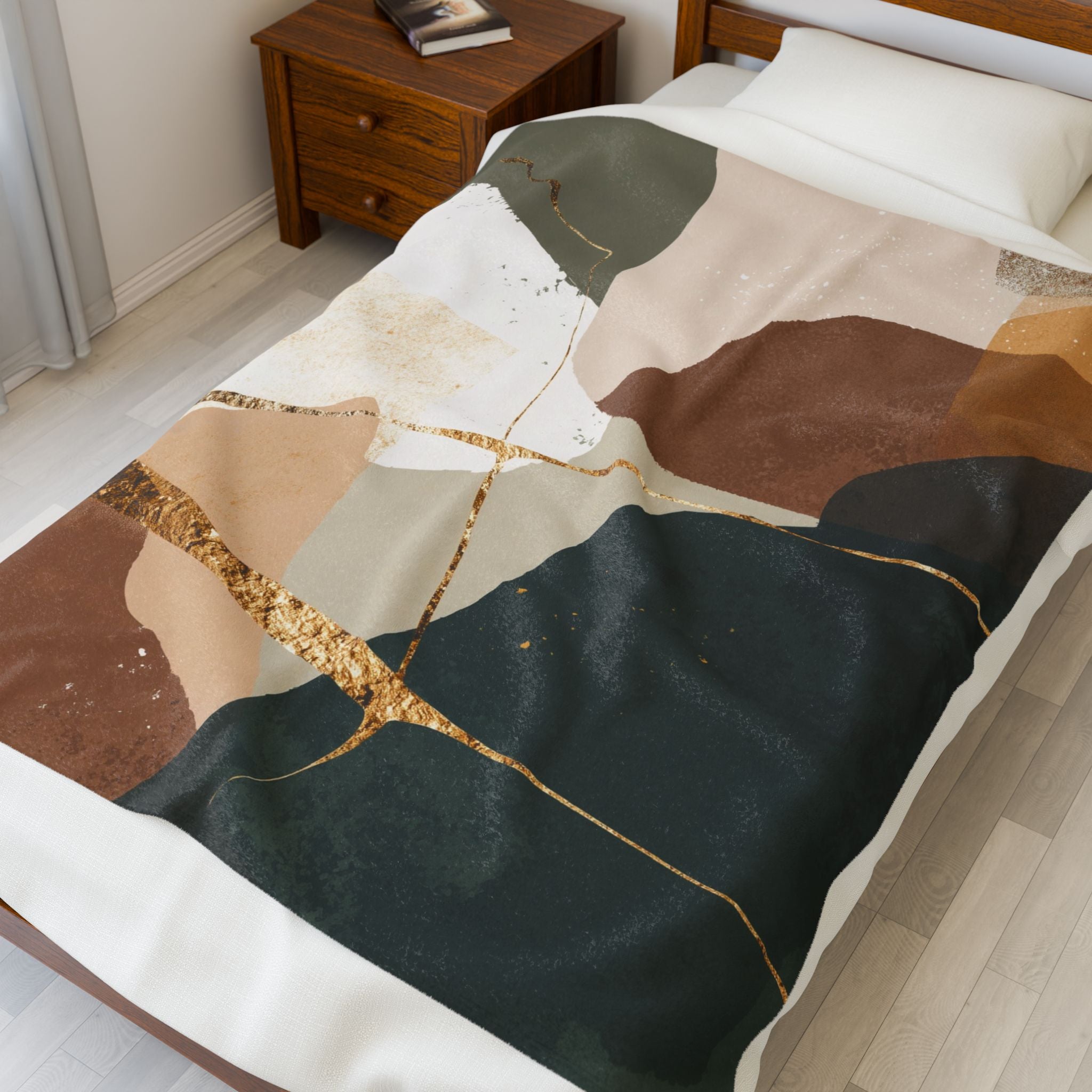 Velveteen Plush Blanket, Abstract Earthen Duvet or Doona cover, Gold Accent, Modern Home Decor, Cozy Throw Blanket, Luxurious Bedding,
