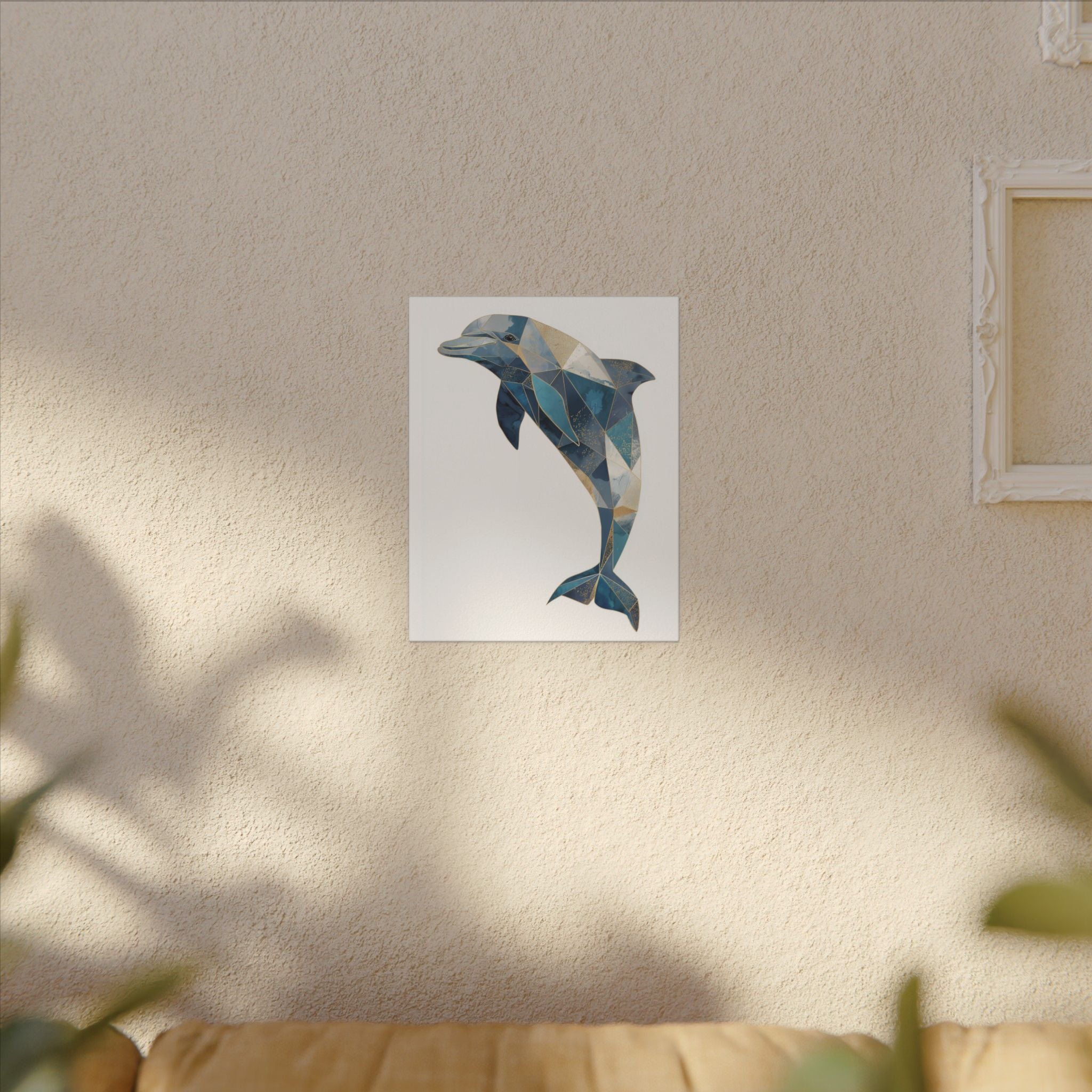 Canvas Print, Geometric Abstract Dolphin Gold Accented Art, High Quality Wall Decor, Nautical Sea Theme, Coastal Home Decor, Ocean Animal