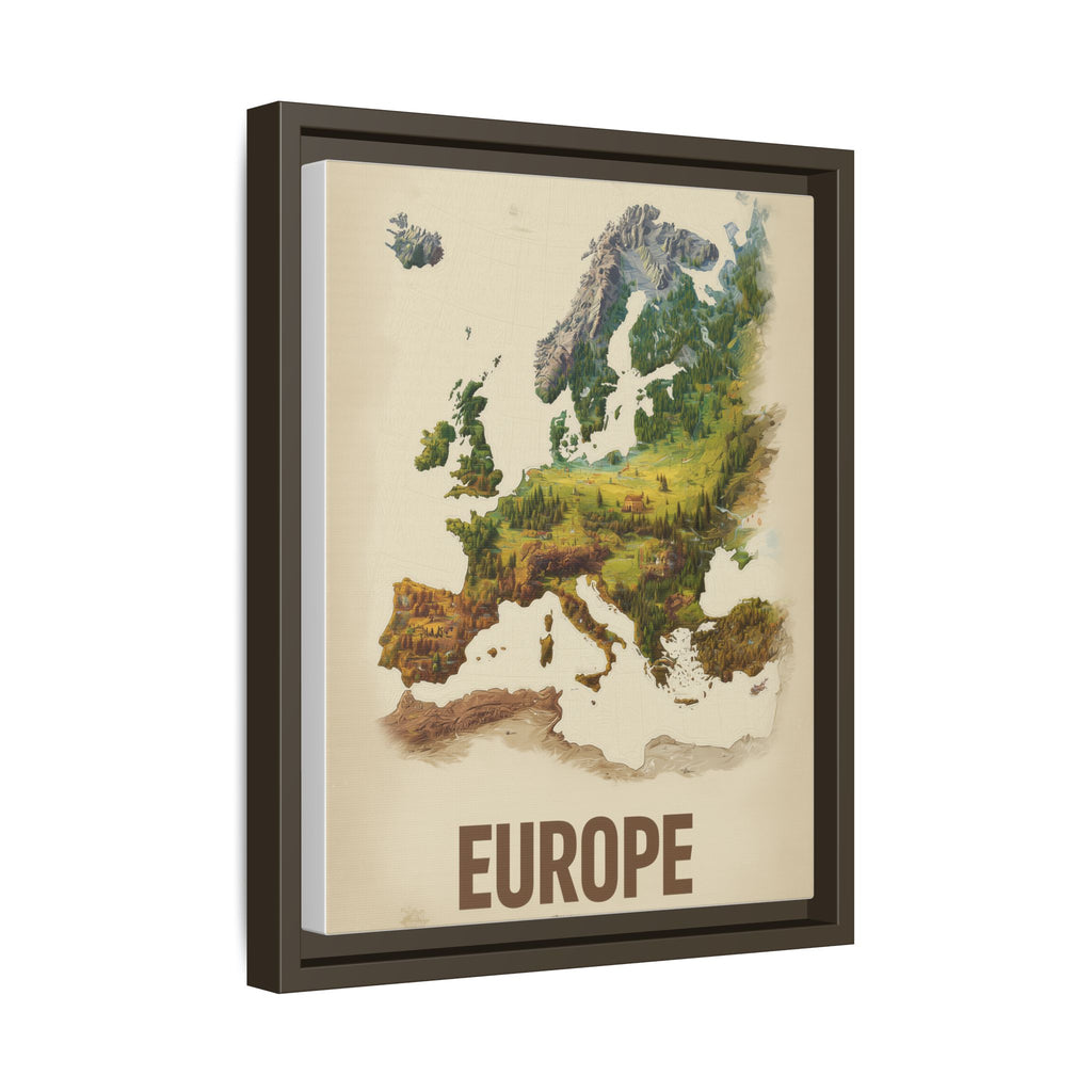 Framed Europe Map Canvas Print — Vintage Landscape Style Wall Art
