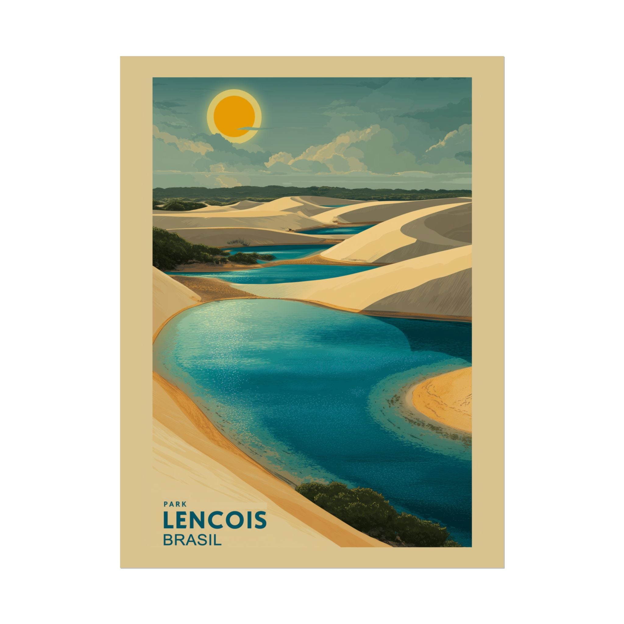 Lençois Park Dreamscape: Golden Dunes and Turquoise Waters, Vintage Travel Poster Panorama   |    Custom Orders Available