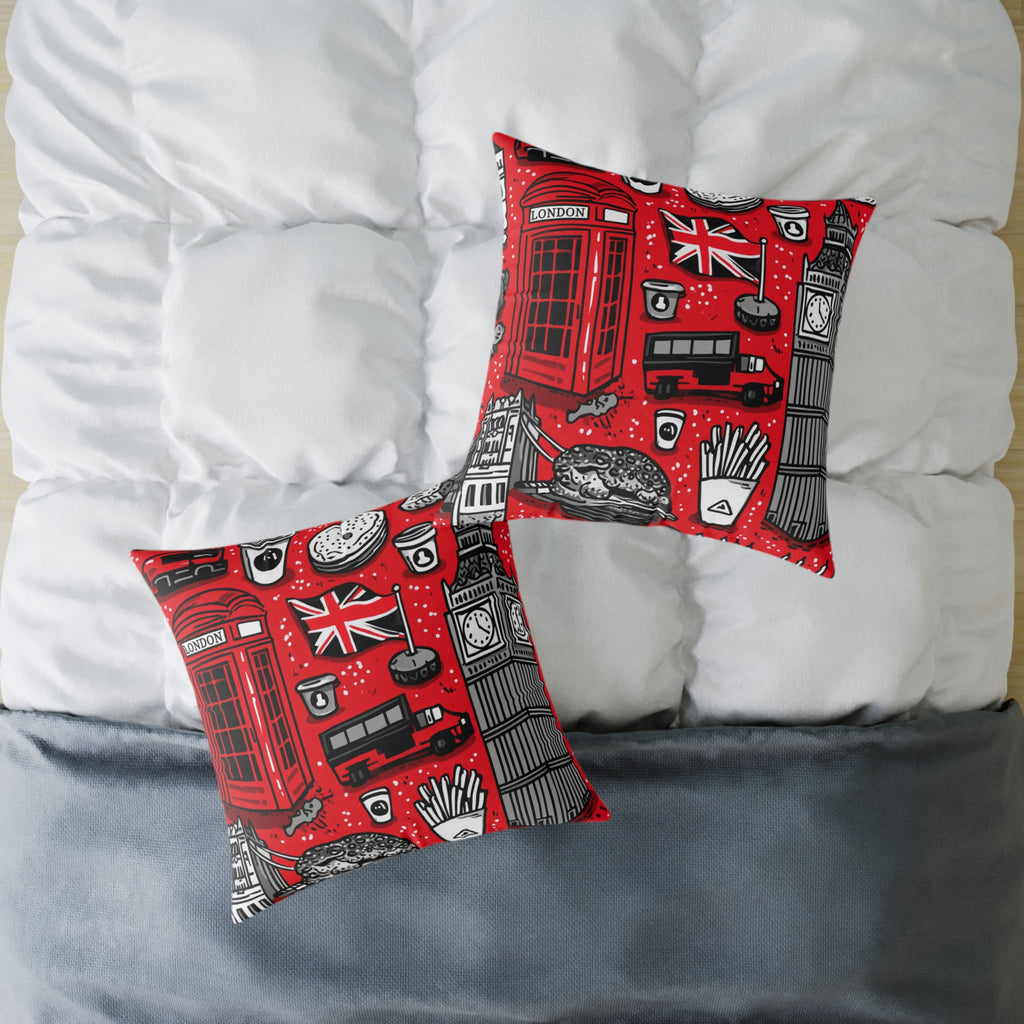 London-Themed Square Poly Canvas Pillow, Unique Home Decor, Cozy Cushion for Travel Lovers, British Inspired Design, Gift for Her