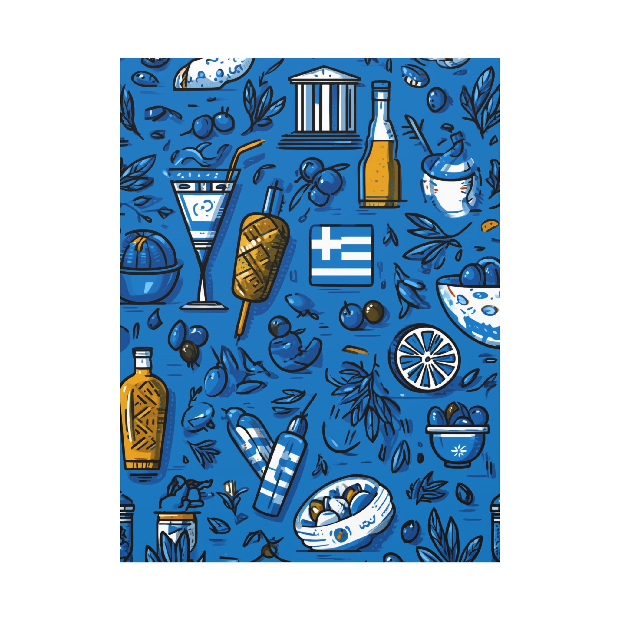 Vibrant Canvas Wall Art, Blue Mediterranean Theme, Kitchen Decor, Greek Party Decor, Olive and Drink Motif