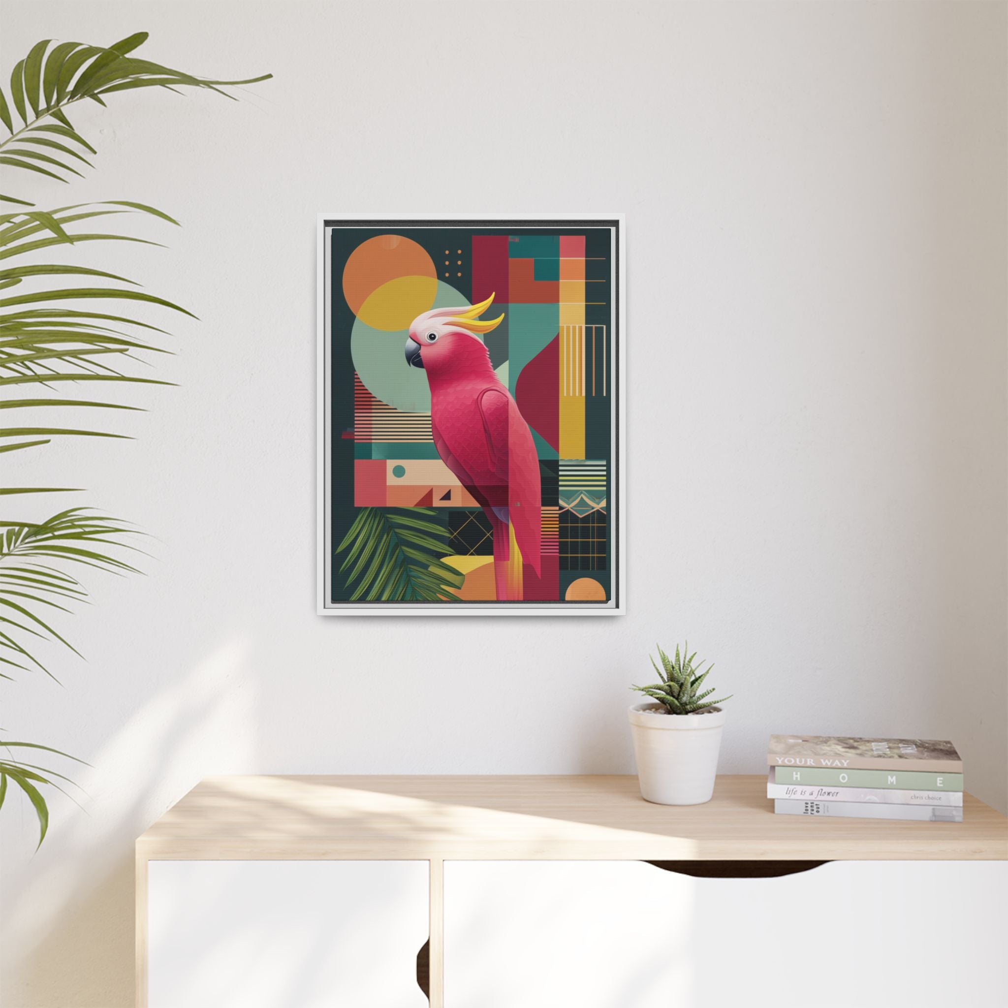 Cockatoo in Geometric Bloom: Mid-Century Modern Art, Tropical Abstract Design   |    Custom Orders Available