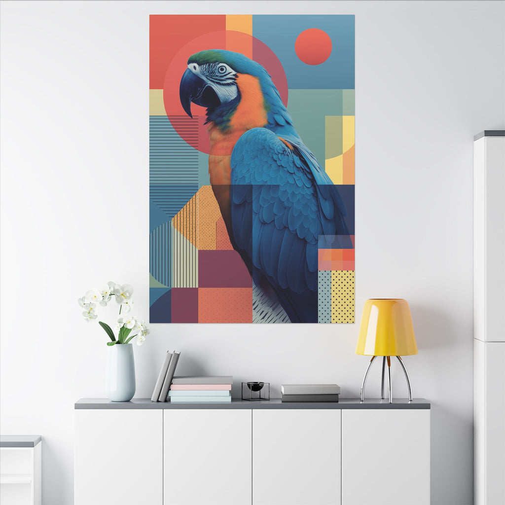 Macaw Mosaic: Mid-Century Modern Bird Portrait, Geometric Abstract Design   |    Custom Orders Available