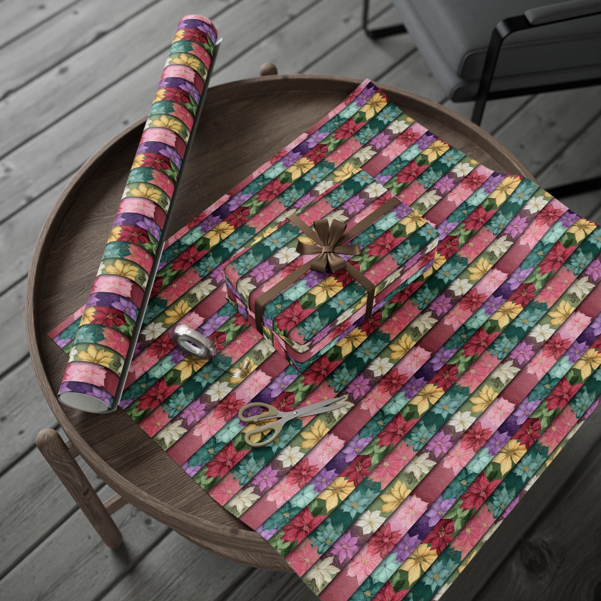 Floral Poinsettia Wrapping Paper — Festive Multicolor Holiday Gift Wrap Roll