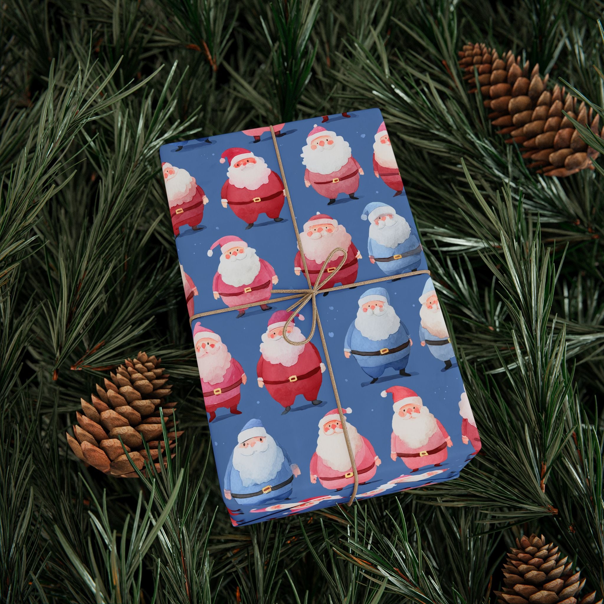 Santa Pattern Wrapping Paper Roll — Festive Blue Christmas Gift Wrap