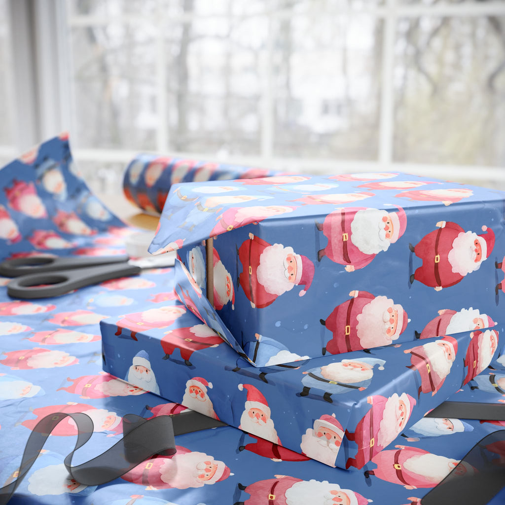 Santa Pattern Wrapping Paper Roll — Festive Blue Christmas Gift Wrap