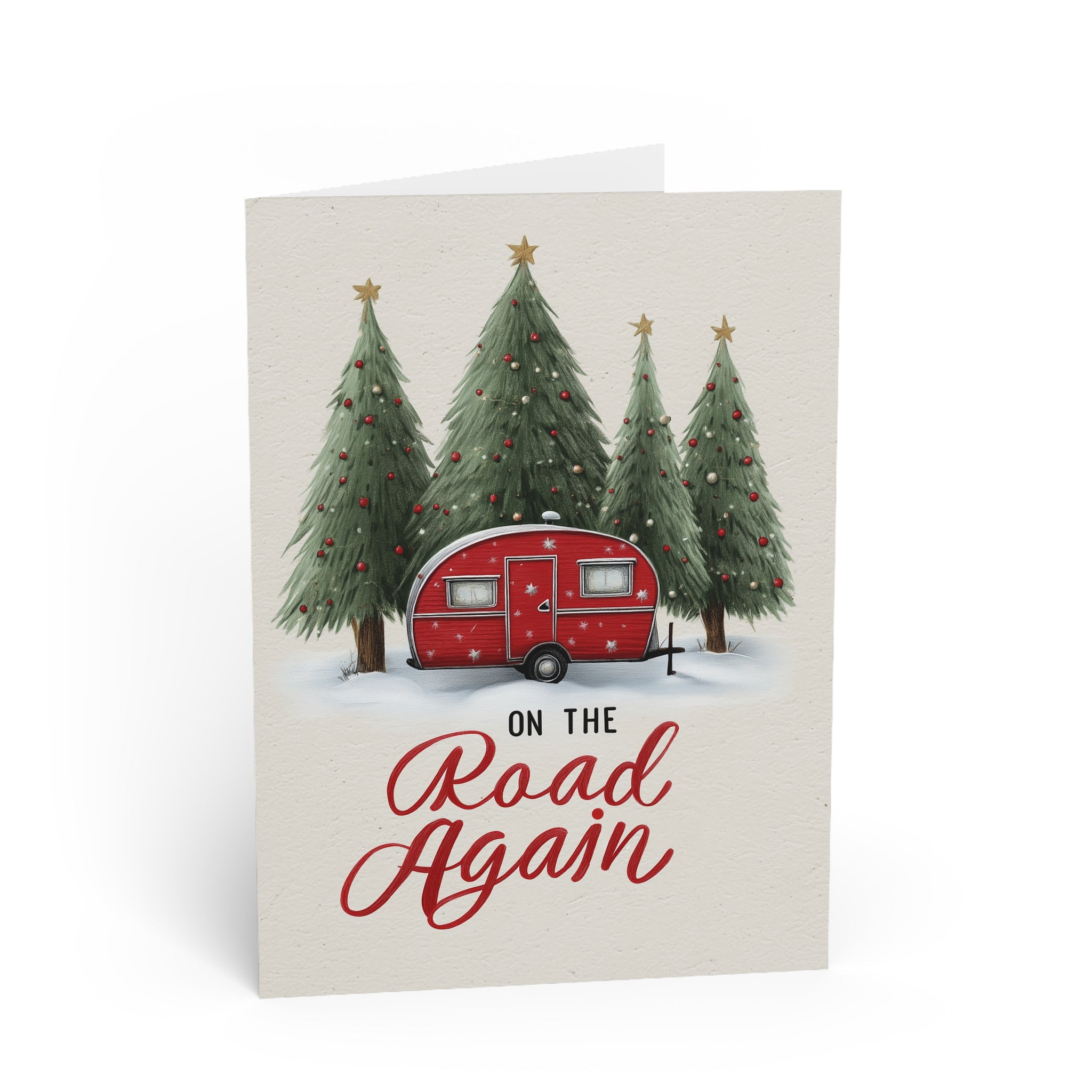 Camping Caravan Greeting Card — Retro Camper & Pine Trees Note Card