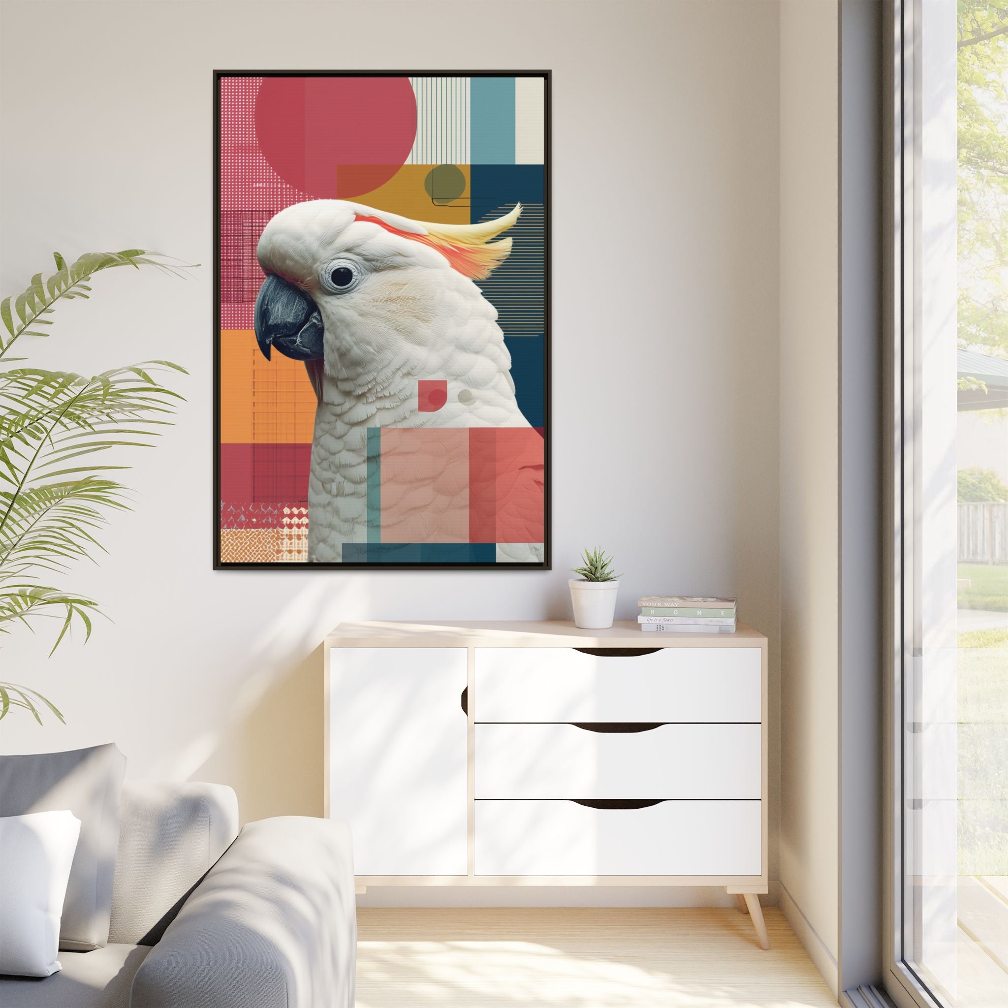 Framed Print, Cockatoo Abstract Geometric Wall Art, Matte Canvas, Colorful Bird Poster, Modern Home Decor, Tropical Animal Painting, Unique
