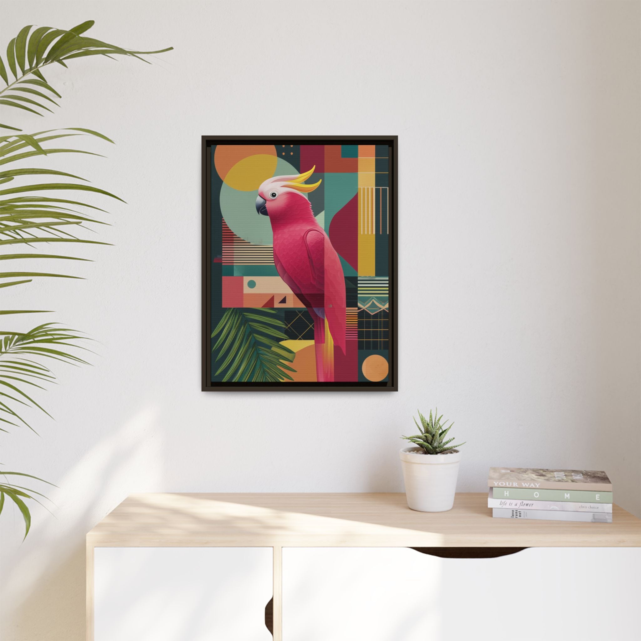 Geometric Cockatoo Framed Print: Mid-Century Modern Bird Art, Contemporary Graphic Print   |  Personalized & Custom Orders Available