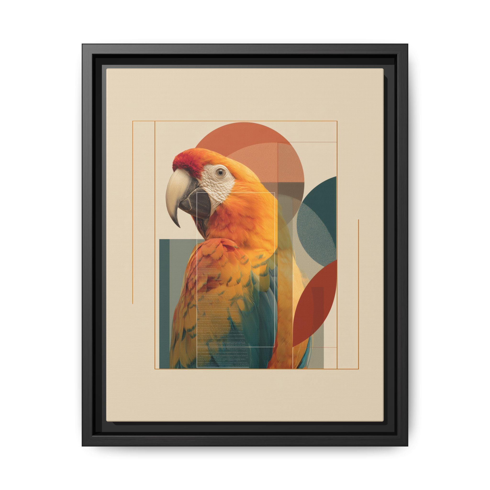 Scarlet Symphony: Macaw in Geometric Abstraction, Modern Graphic Design Artwork   |    Custom Orders Available