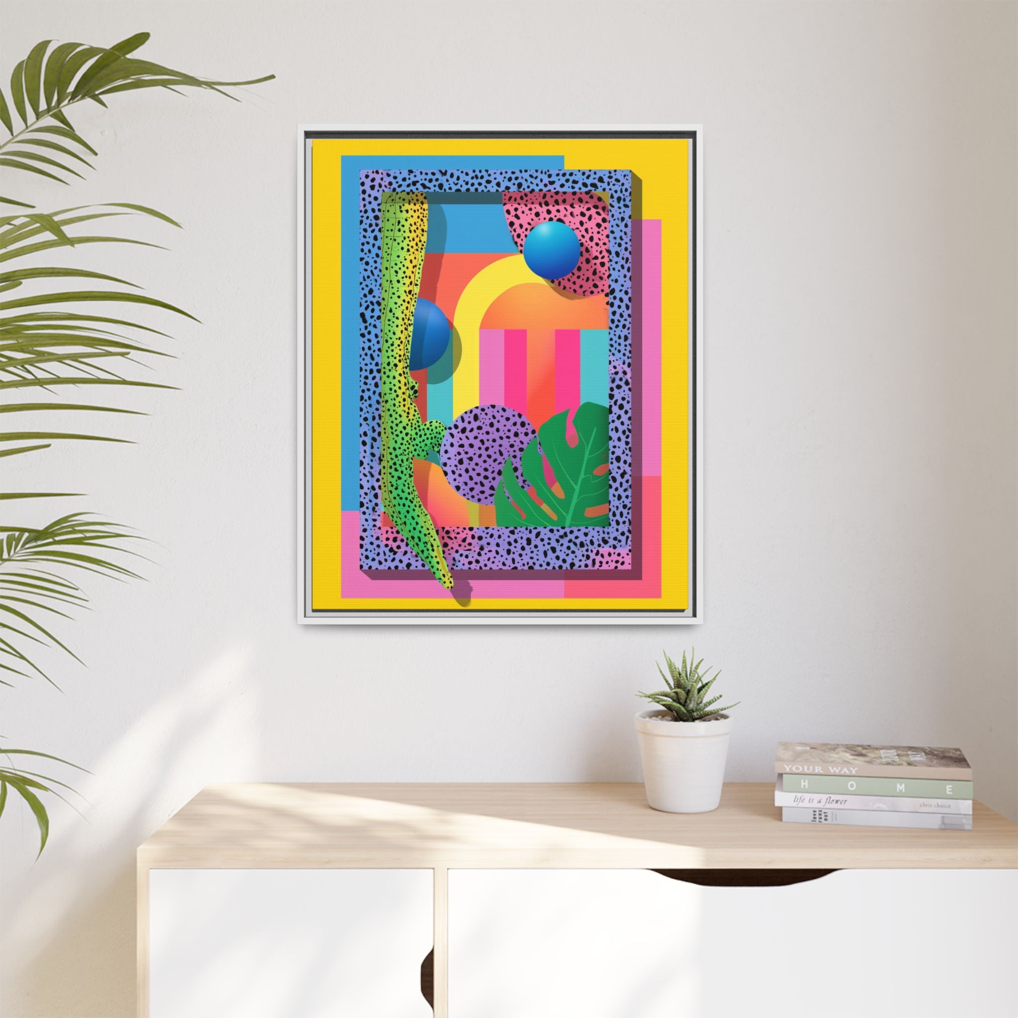 Geometric Rhythms: Abstract Layers of Color, Dimensional Shapes and Tropical Elements, Vibrant Modern Art Composition   |   Custom Orders