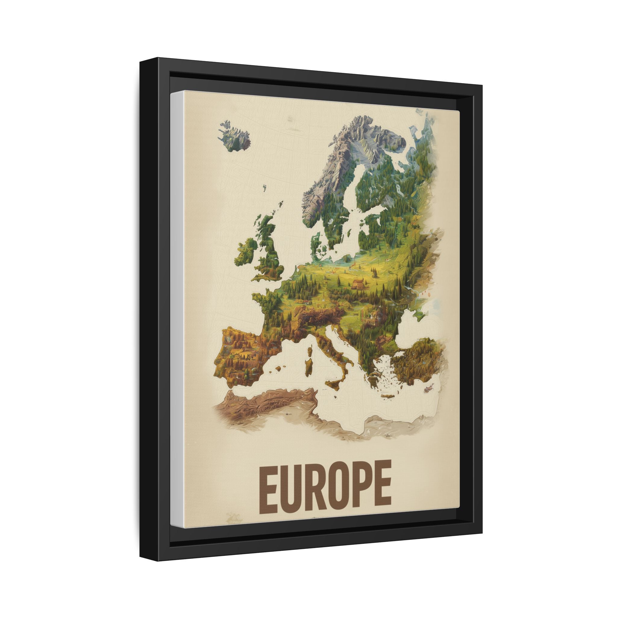 Framed Europe Map Canvas Print — Vintage Landscape Style Wall Art